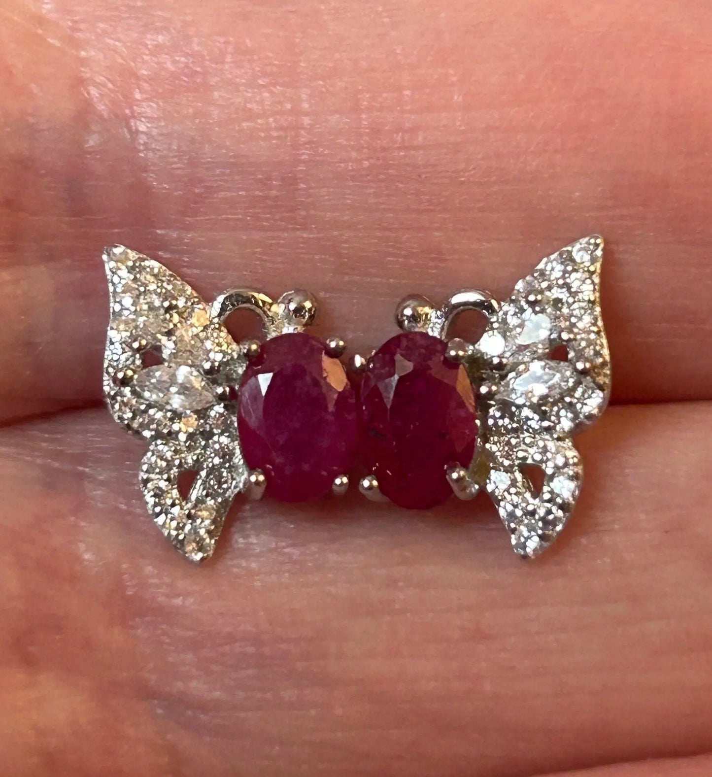 Butterfly Earrings with Ruby Gemstones • 925 Sterling Silver Studs • CZ Accents • Gift Box Celtic Dragon Jewellery