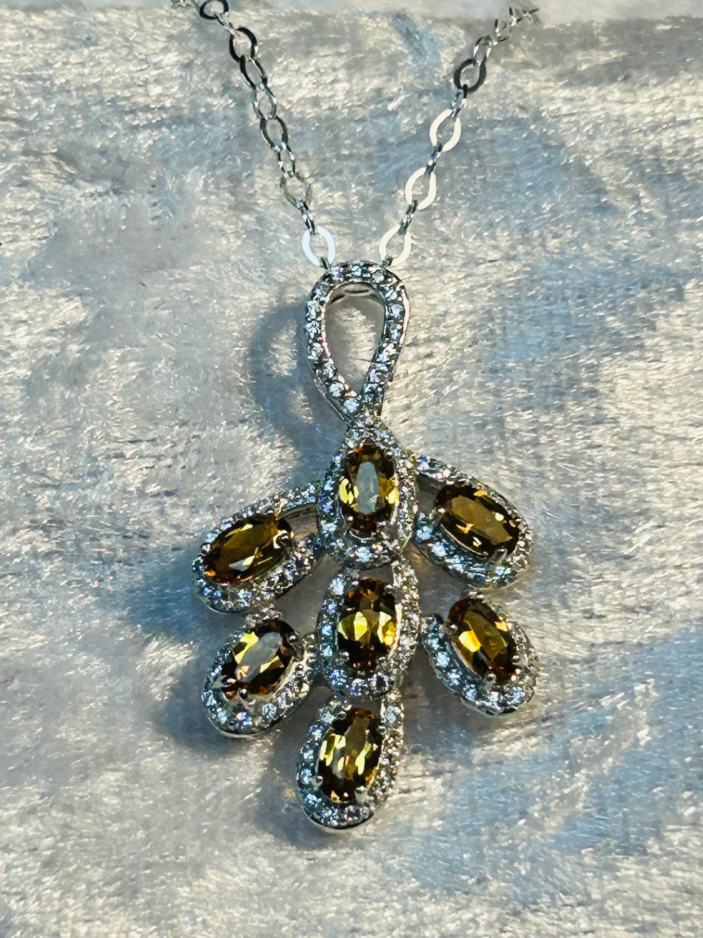 Citrine Leaf Pendant: 925 Sterling Silver & CZ Gemstones
