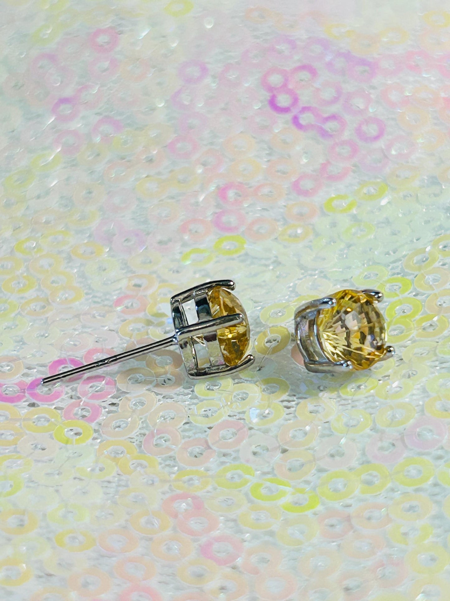 Natural Stone Stud Earrings with Faceted Citrine Gemstone• 925 Sterling Silver • Gift Box