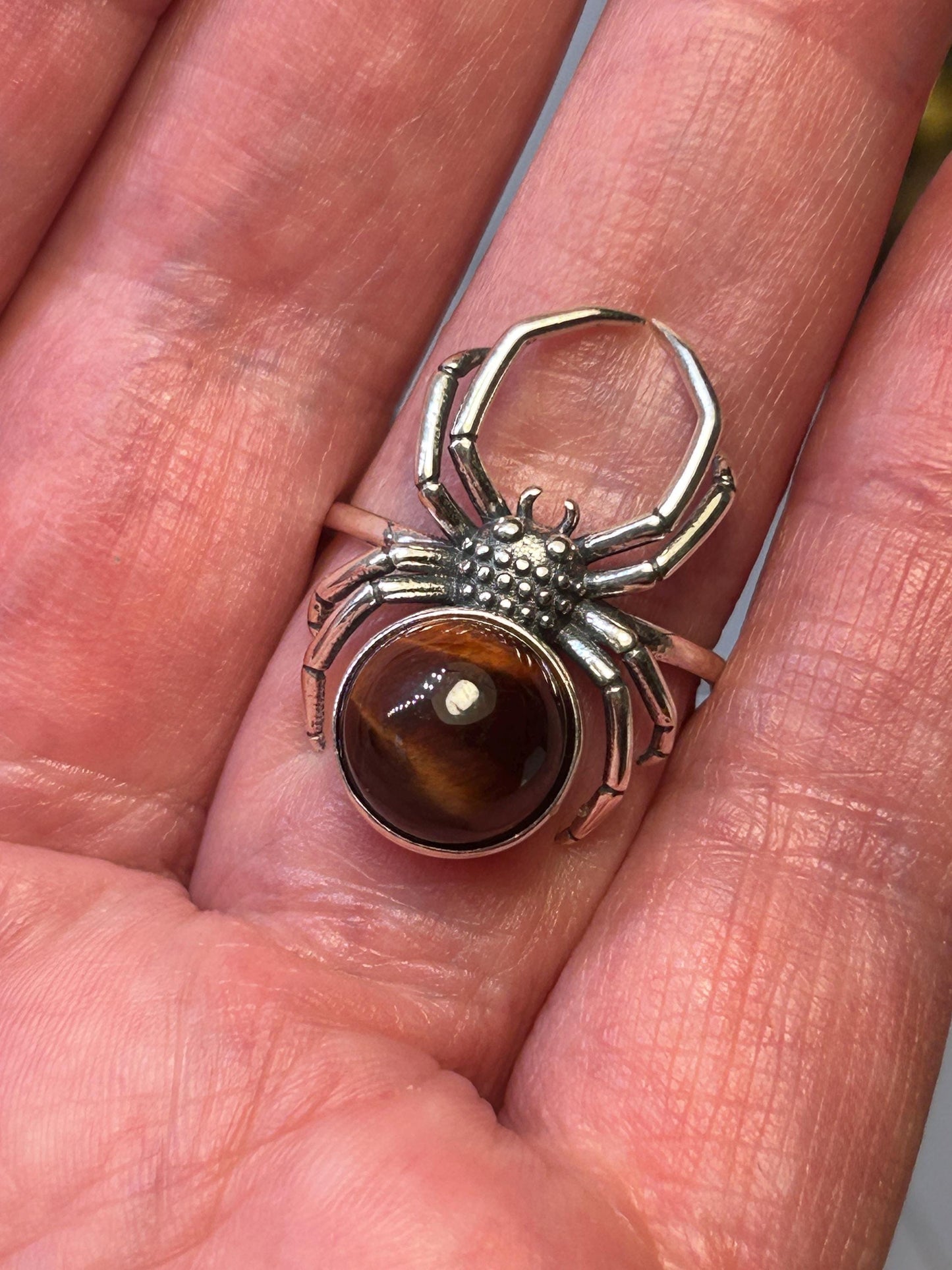 Gothic Spider Ring with Red Tigers Eye Gemstone • 925 Sterling Silver • Adjustable • Gift Box