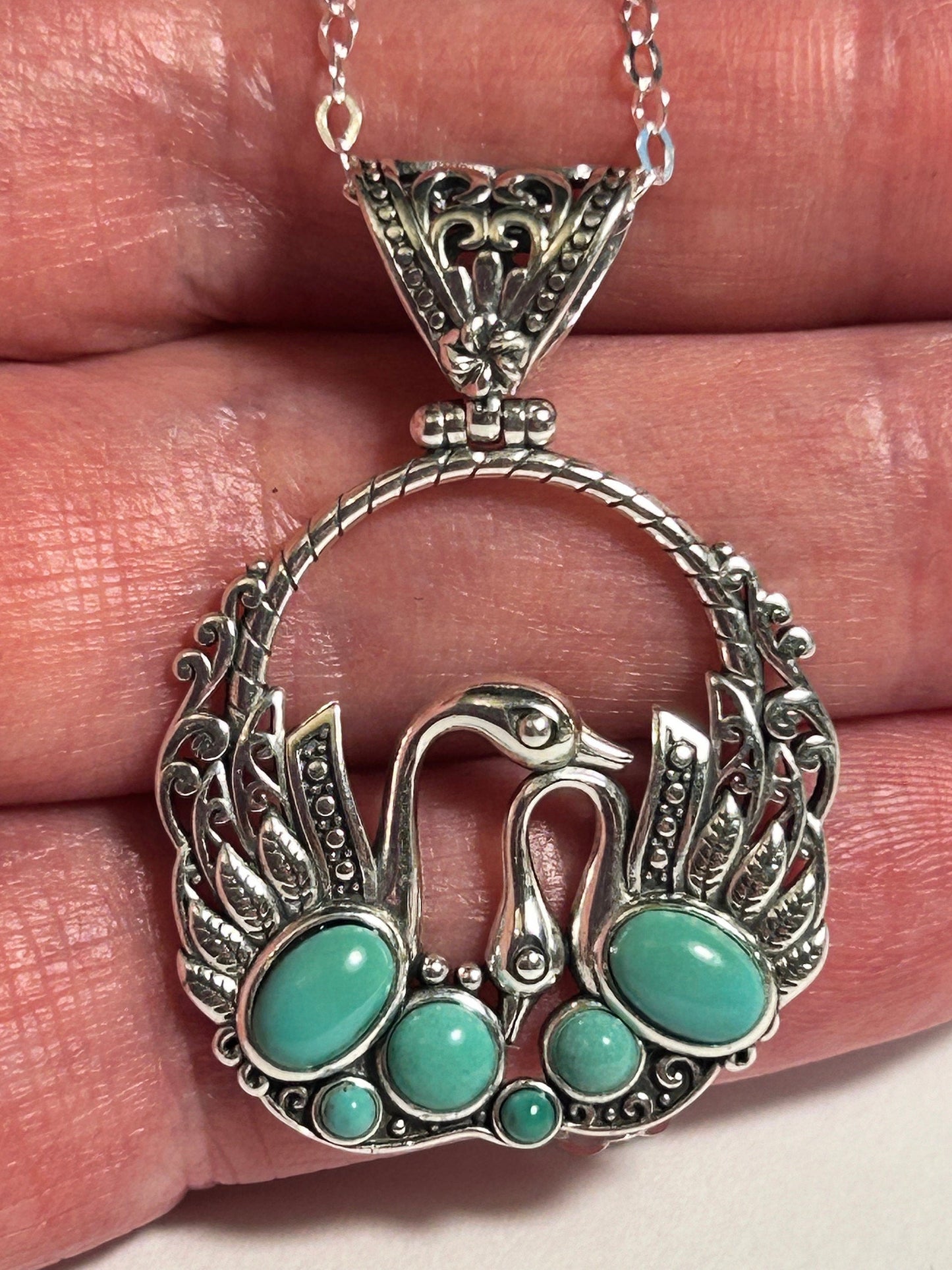Stunning Swan Pendant with Natural Turquoise Gemstones • 925 Sterling Silver • Gift Box