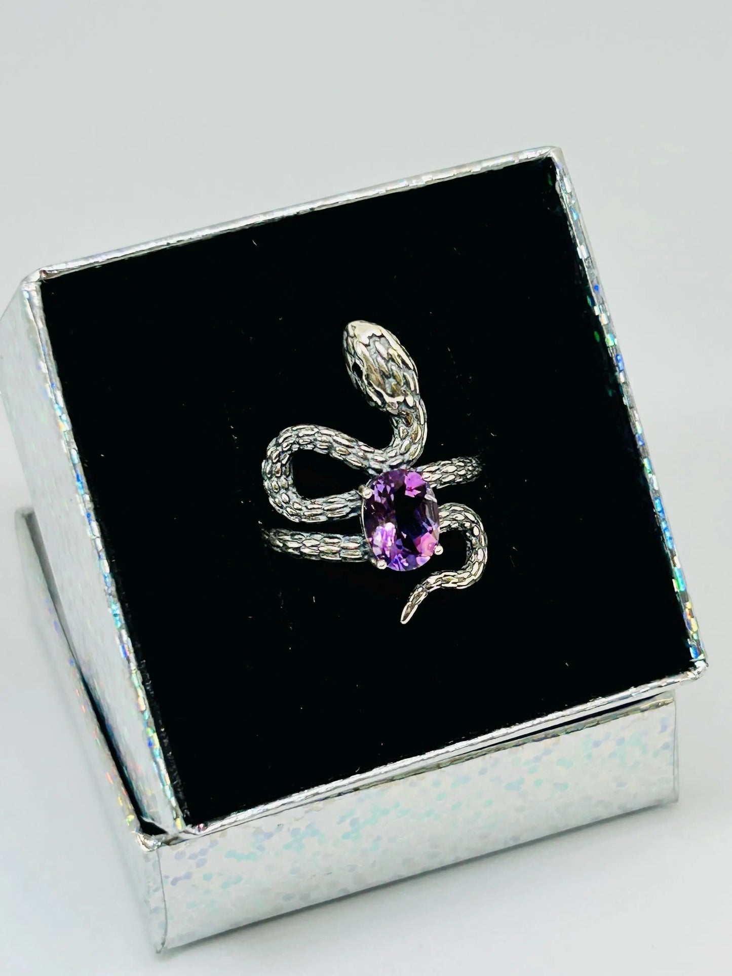 Snake Ring with Amethyst Gemstone • 925 Sterling Silver • Adjustable • Gift Box Celtic Dragon Jewellery