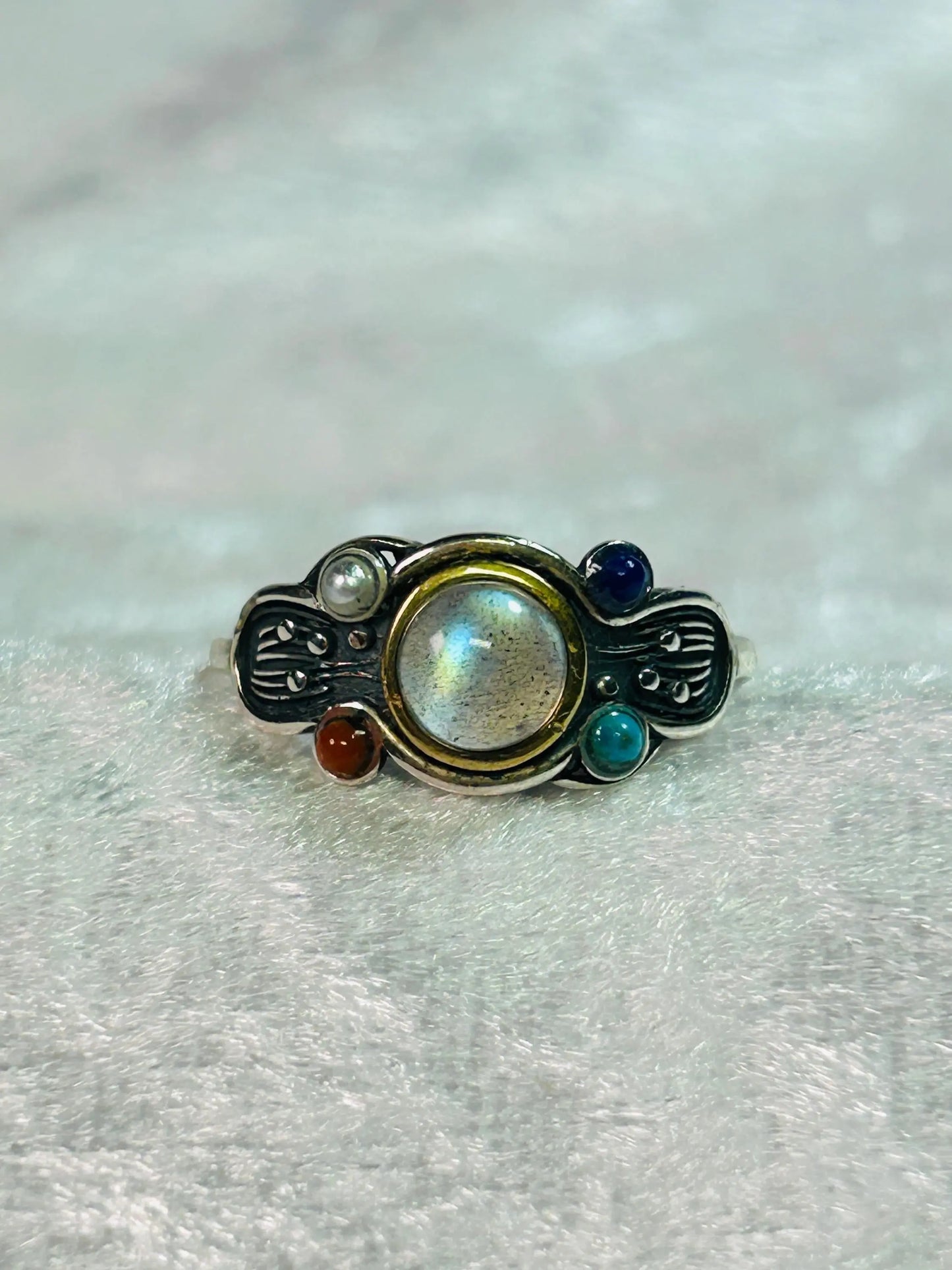 Multi Gemstone Ring with Labradorite, Pearl, Lapis & Coral • 925 Sterling Silver • Adjustable • Gift Box Celtic Dragon Jewellery