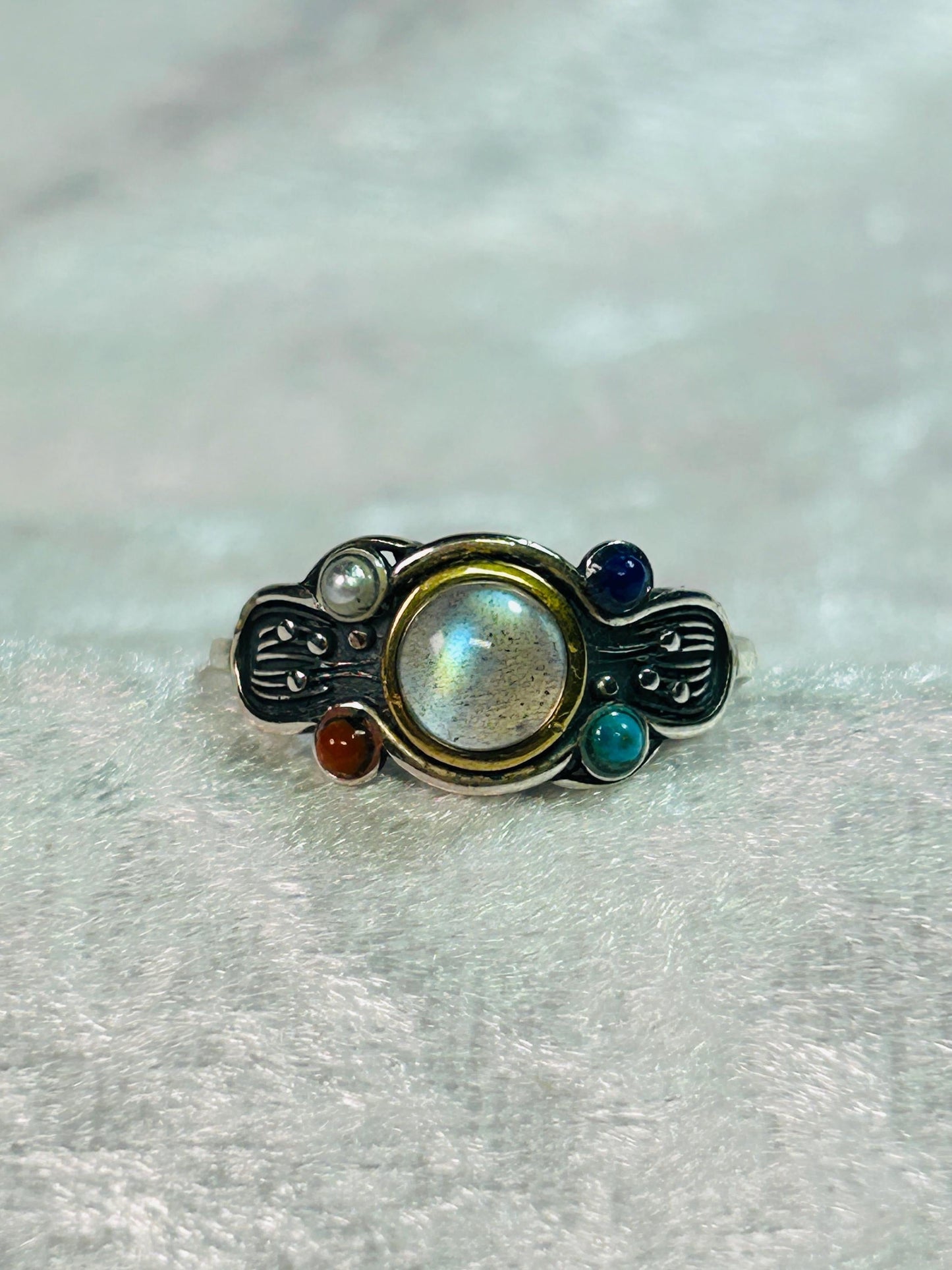 Multi Gemstone Ring with Labradorite, Pearl, Lapis & Coral • 925 Sterling Silver • Adjustable • Gift Box