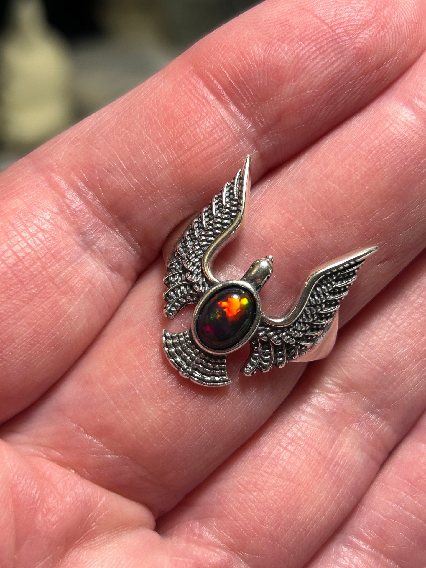 Flying Eagle Ring with Black Opal Gemstone • 925 Sterling Silver • Adjustable • Gift Box