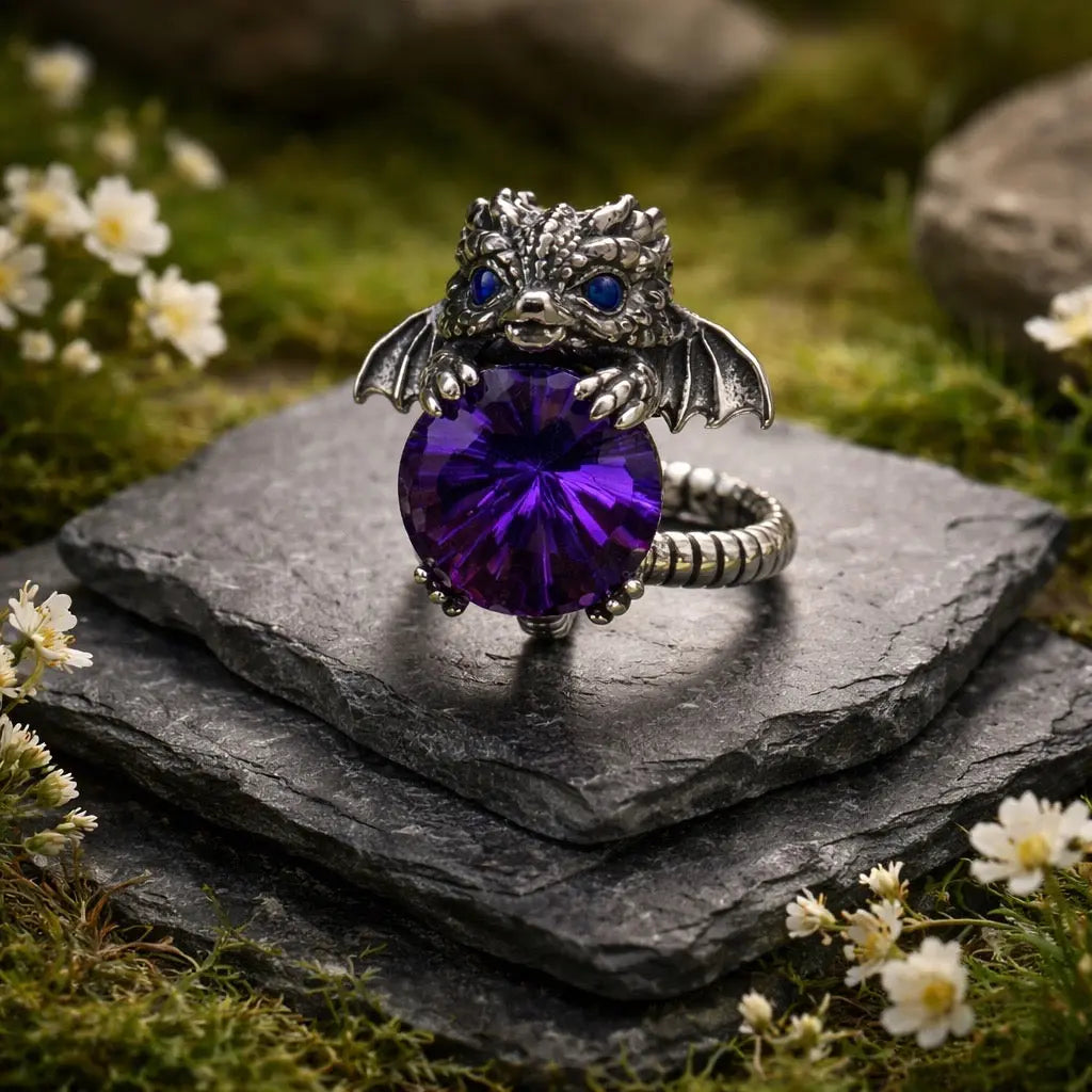 Baby Dragon Ring with Faceted Amethyst Gemstone • Adjustable • Gift Box Celtic Dragon Jewellery