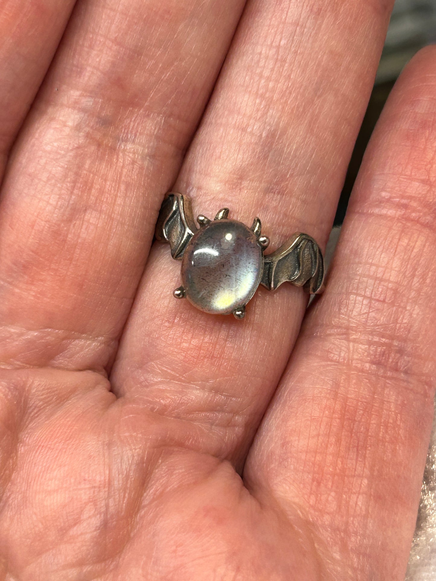 Bat Ring with Labradorite Gemstone • 925 Sterling Silver• Adjustable • Gift Box