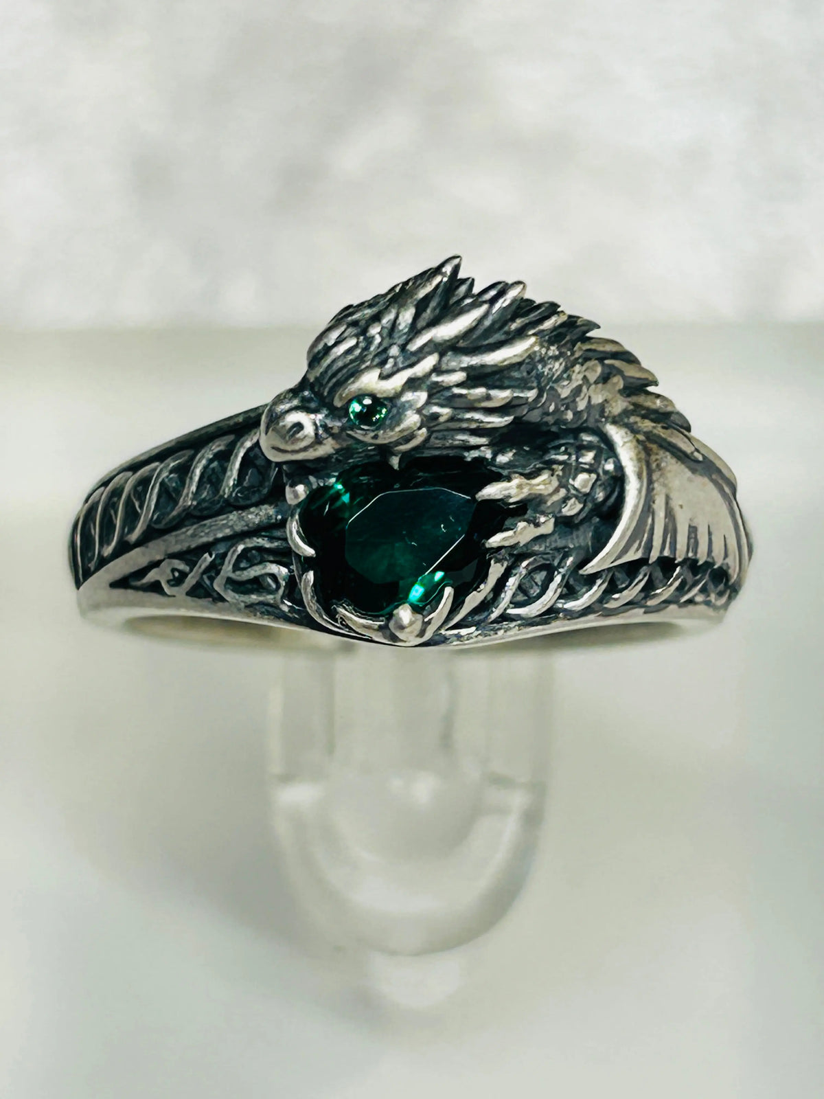Sterling Silver Dragon Ring with Emerald Green CZ - Celtic Dragon Jewellery