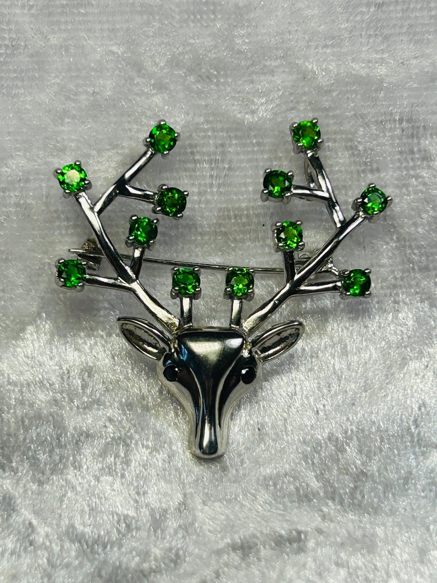 Stag Brooch with Diopside Gemstones • 925 Sterling Silver • Gift Box