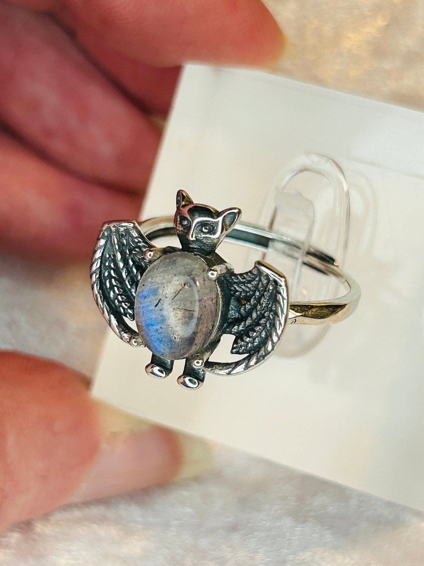 Gothic Bat Ring with Labradorite Gemstone.• 925 Sterling Silver • Adjustable • Gift Box