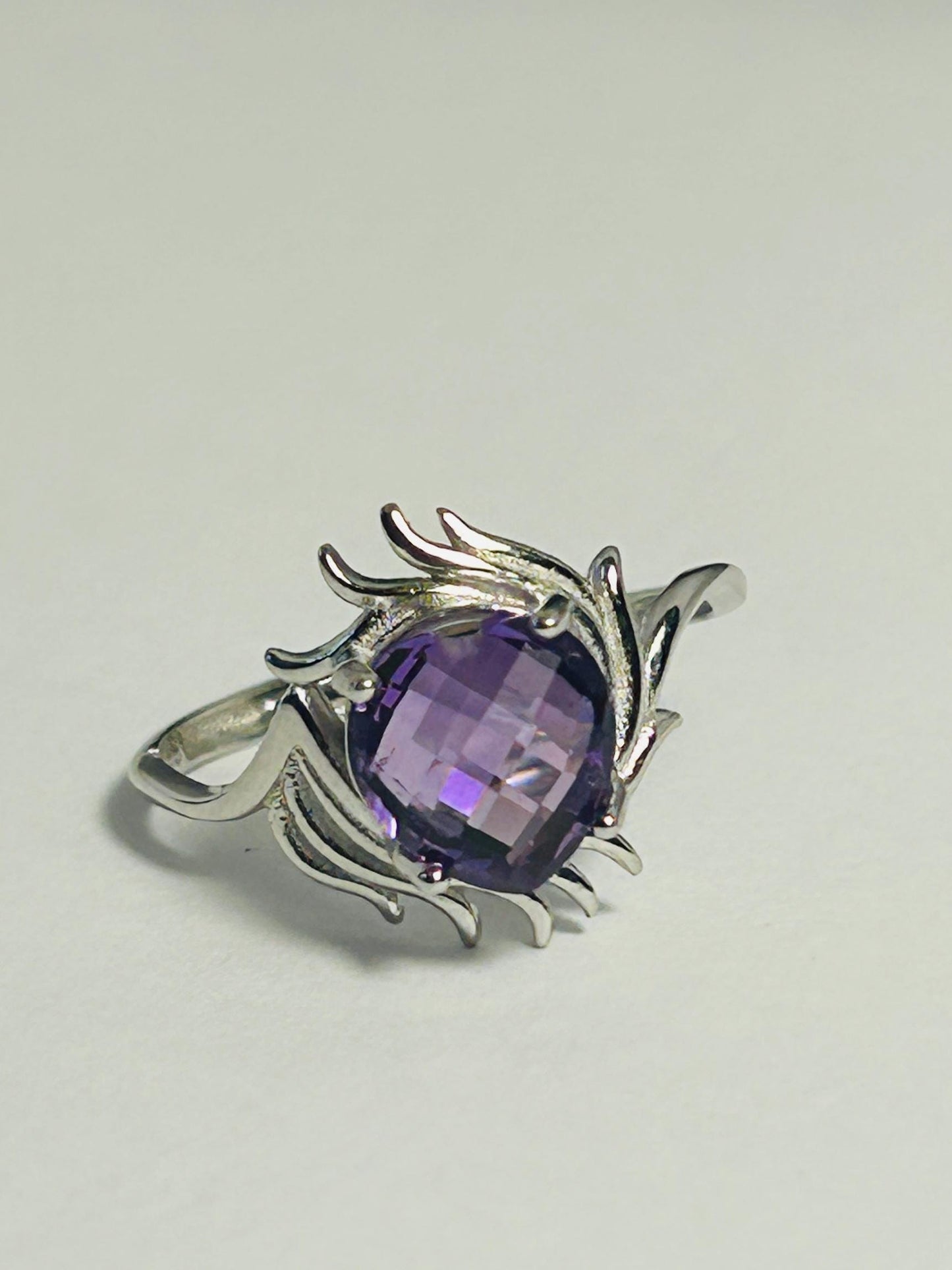 Faceted Amethyst Gemstone Adjustable Sterling Silver Lash Design Ring, Gift Boxed Unique Jewelry