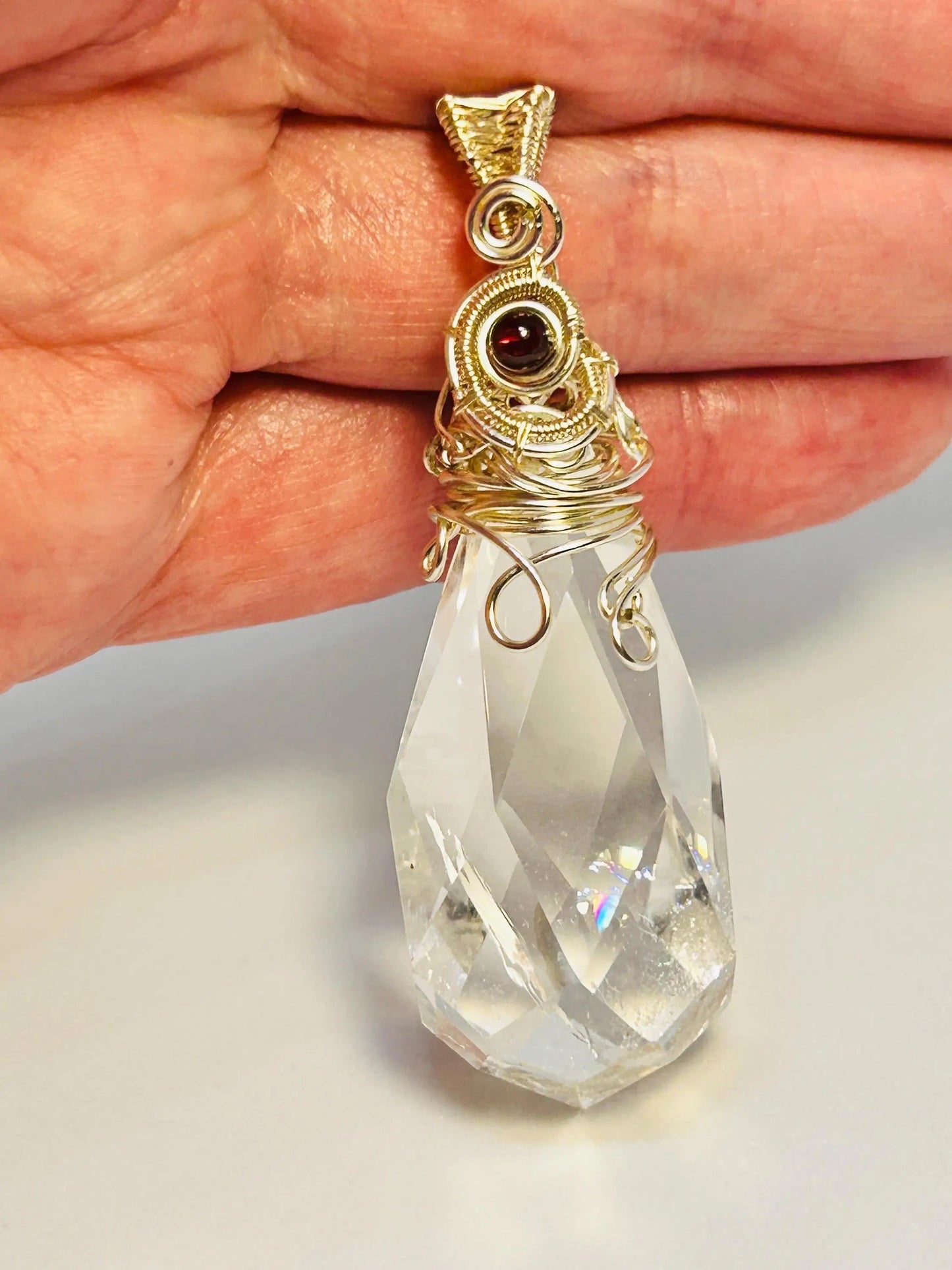 Faceted Clear Quartz Pendant with Garnet Bead • Wire Wrapped Teardrop • Gift Bag Celtic Dragon Jewellery