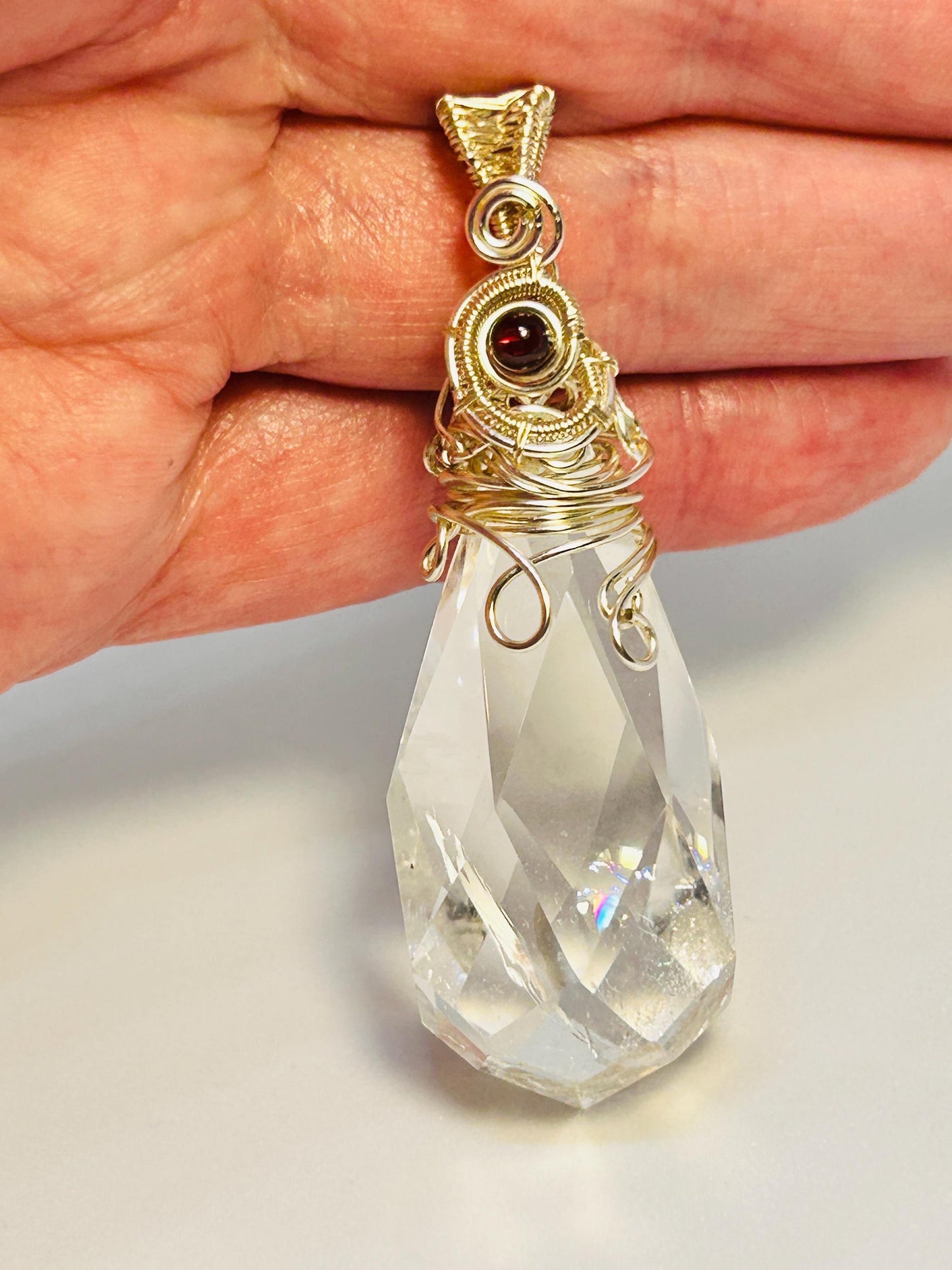 Faceted Clear Quartz Pendant with Garnet Bead • Wire Wrapped Teardrop • Gift Bag