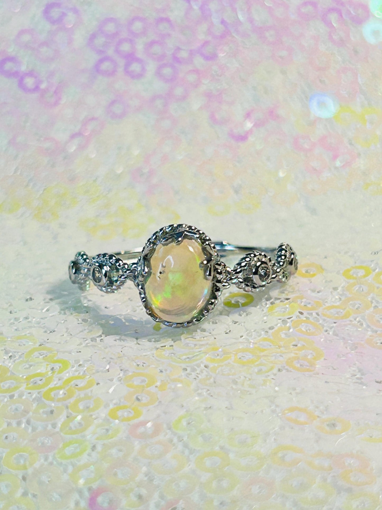 Infinity Design Ring with Rainbow Opal Gemstone • 925 Sterling Silver • Adjustable • Gift Box