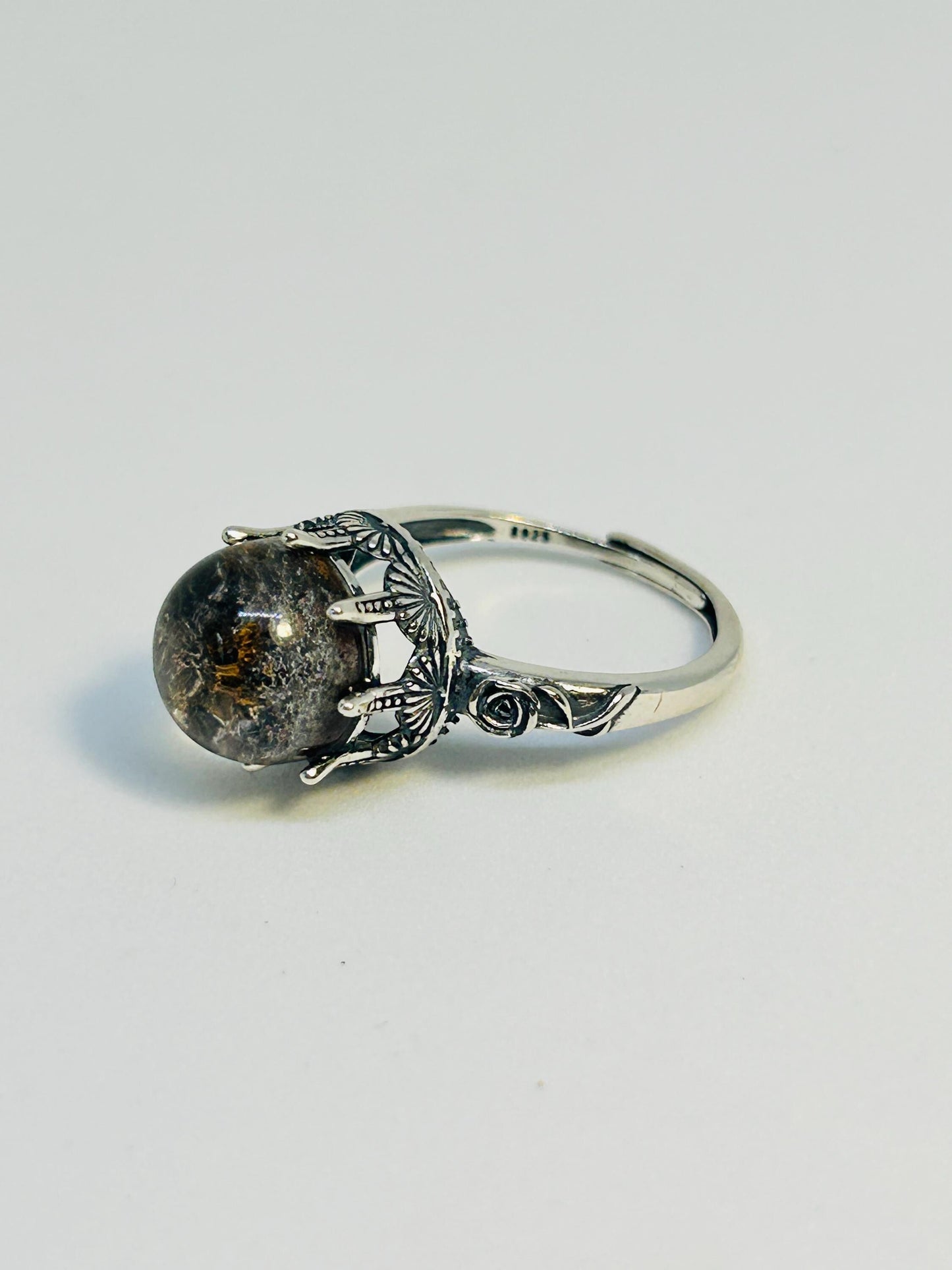 Floral Ring with Garden Quartz Gemstone • 925 Sterling Silver • Adjustable • Gift Box
