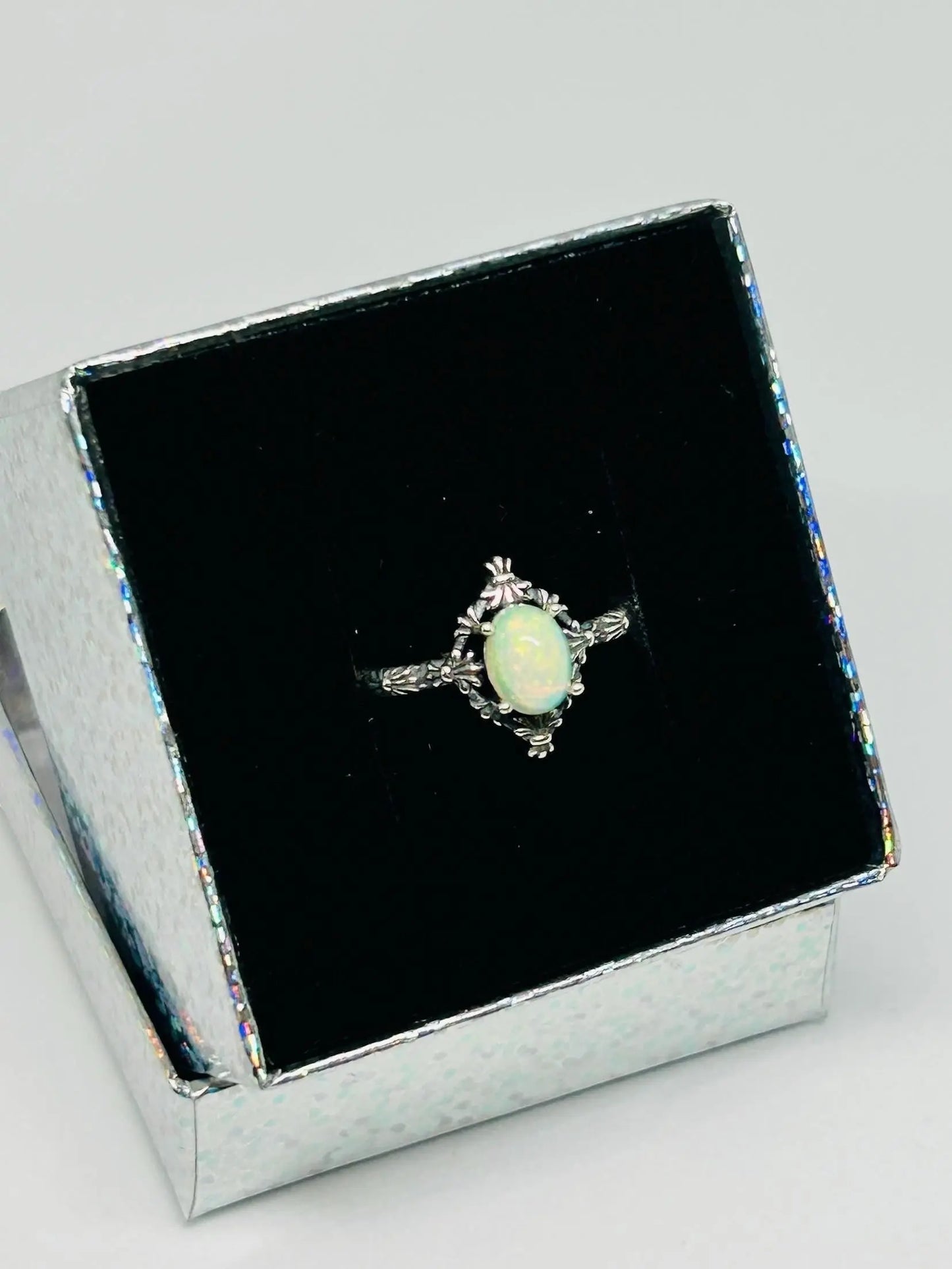 Fleur De Lys Ring with Opal Gemstone • 925 Sterling Silver • Adjustable • Gift Box Celtic Dragon Jewellery