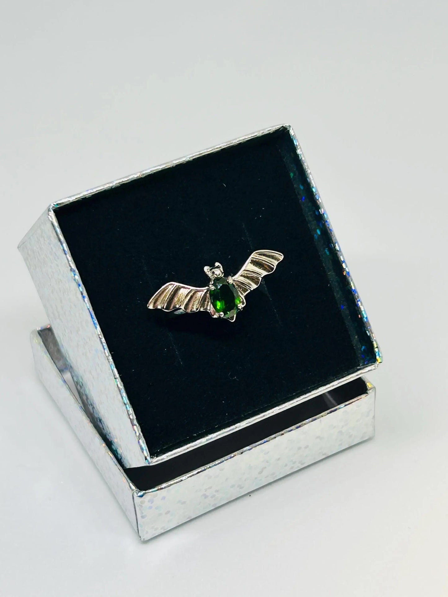 Gothic Bat Ring with Diopside Gemstone • 925 Sterling Silver • Adjustable • Gift Box Celtic Dragon Jewellery
