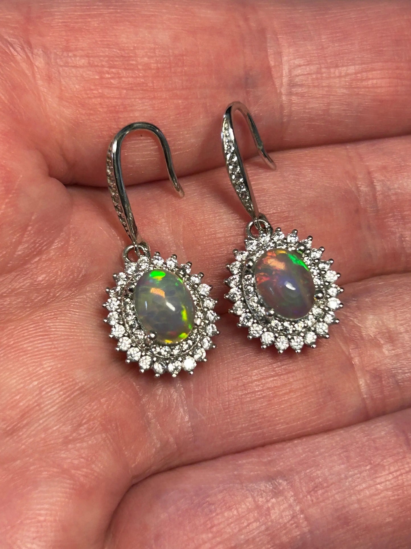 Opal Dropper Earrings with CZ Surround • 925 Sterling Silver • Gift Box Celtic Dragon Jewellery