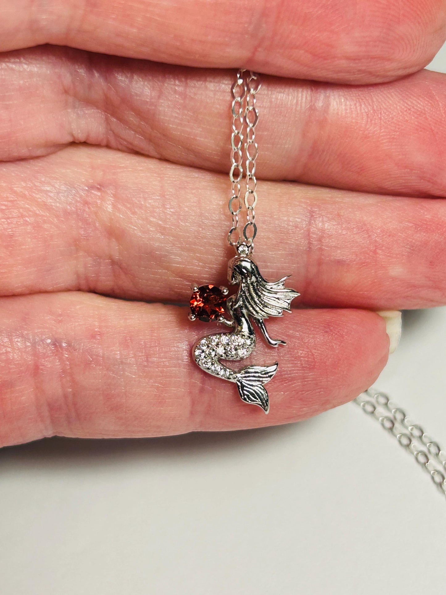 Sterling Silver Mermaid Pendant With Garnet Gemstone - 925 - Gift Boxed