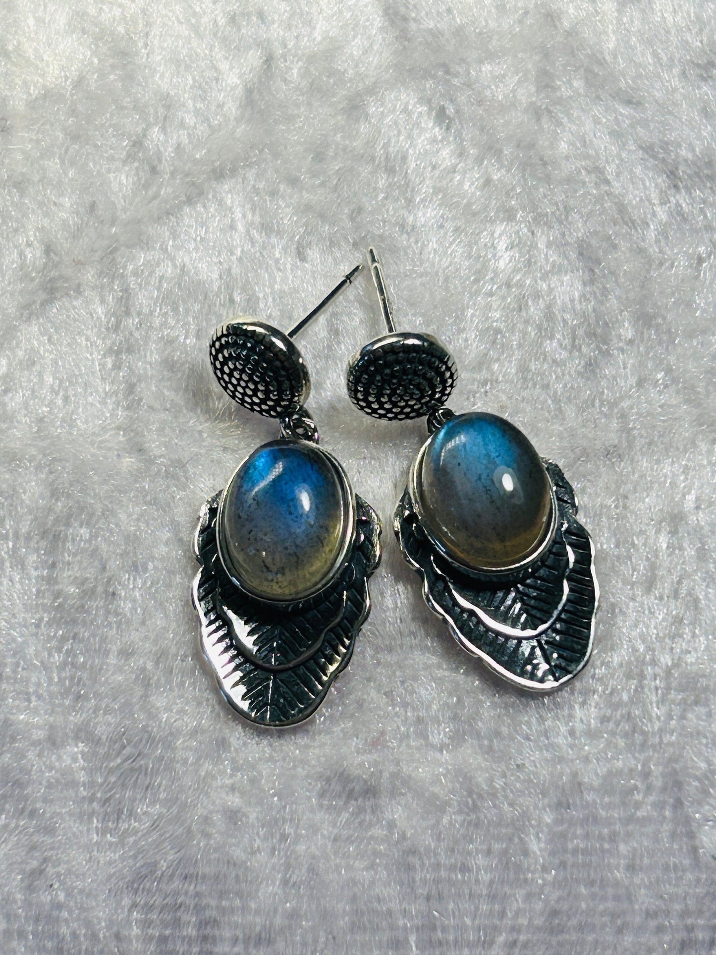 Leaf Earrings with Labradorite Gemstones • 925 Sterling Silver • Gift Box