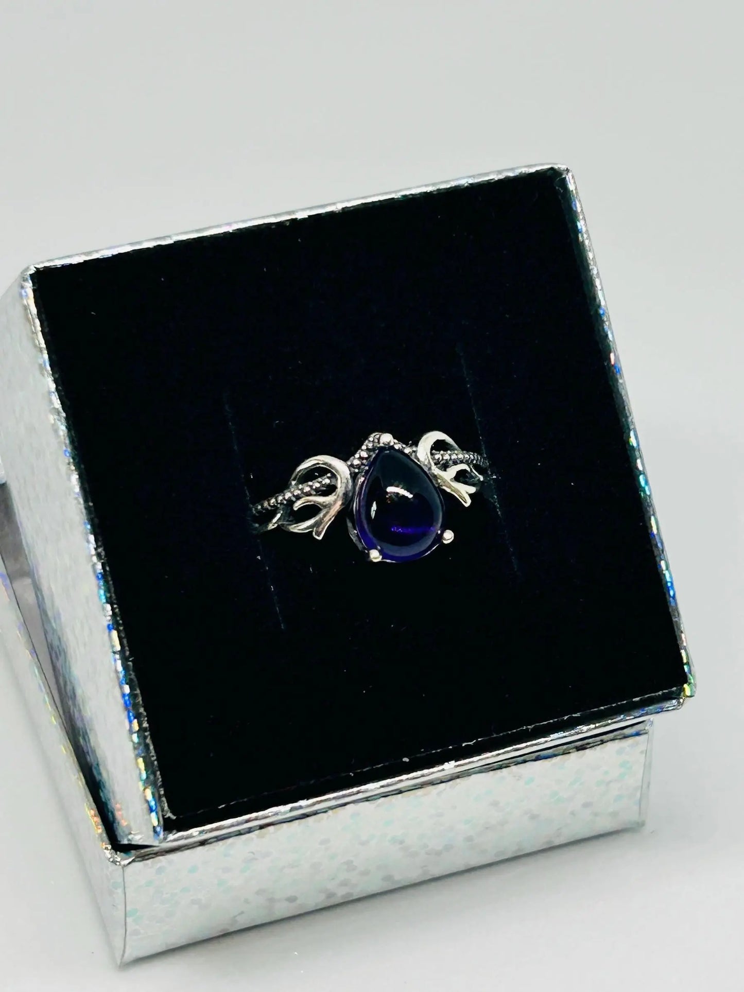 Dainty Crystal Ring with Teardrop Amethyst Gemstone • 925 Sterling Silver • Adjustable • Gift Box Celtic Dragon Jewellery