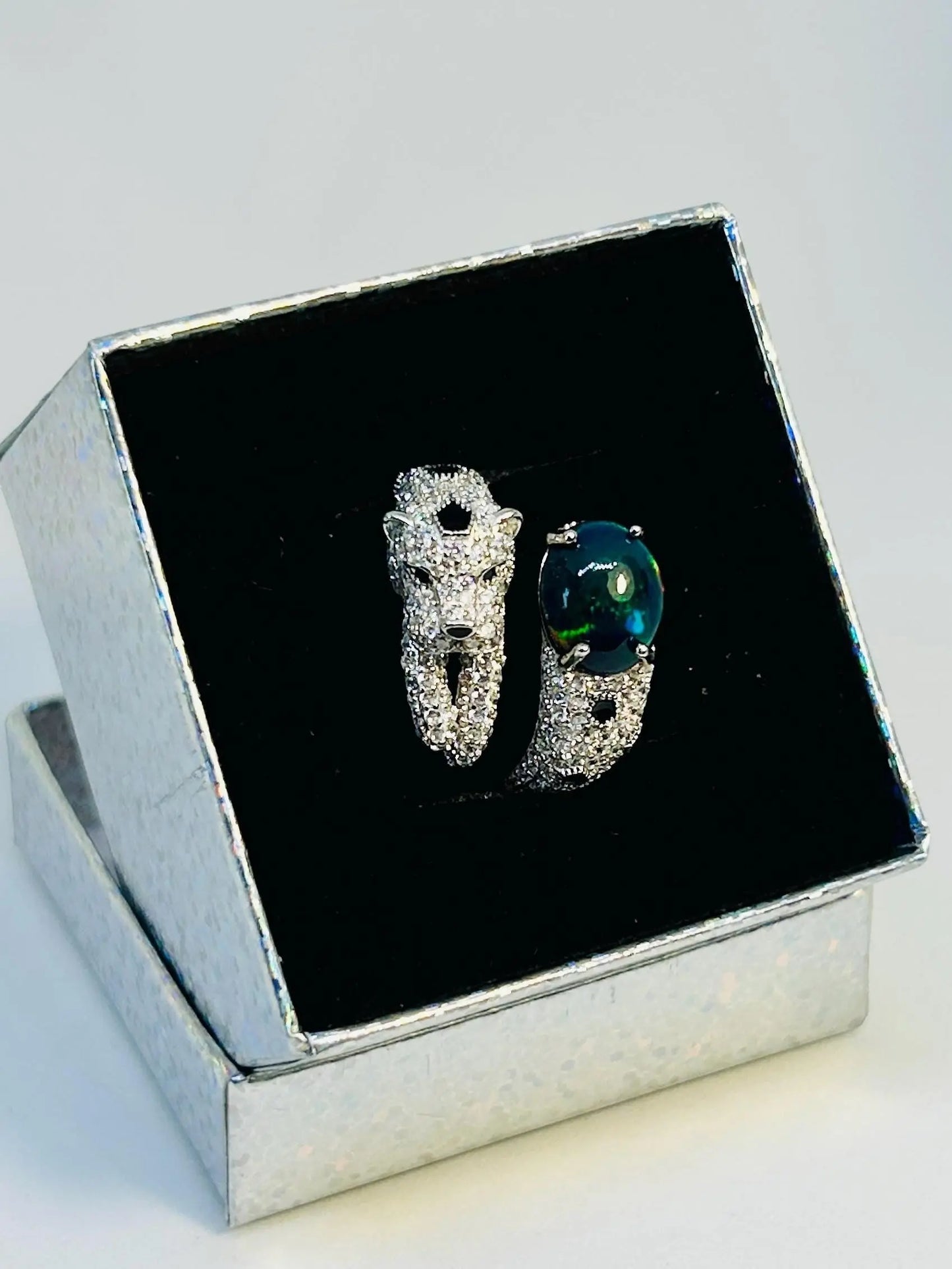 Crystal Encrusted Leopard Ring with Black Opal Gemstone • 925 Sterling Silver • Adjustable • Gift Box Celtic Dragon Jewellery