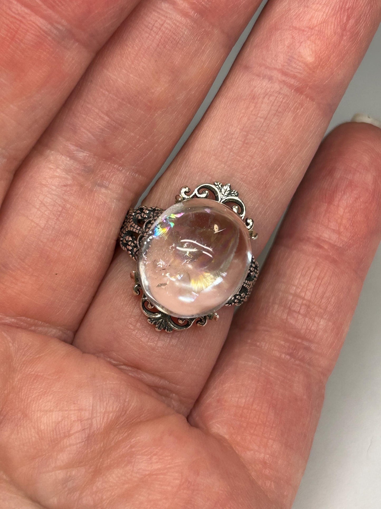 Clear Quartz Ring with Rainbows • Ornate Fleur-de-Lis Style Setting • 925 Sterling Silver with Gift Box