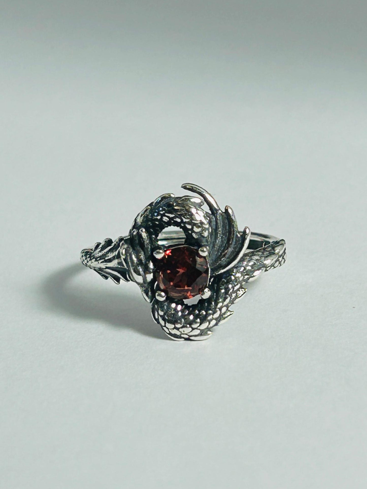 Dragon Ring With Garnet Gemstone: 925 Sterling Silver, Adjustable Size Q