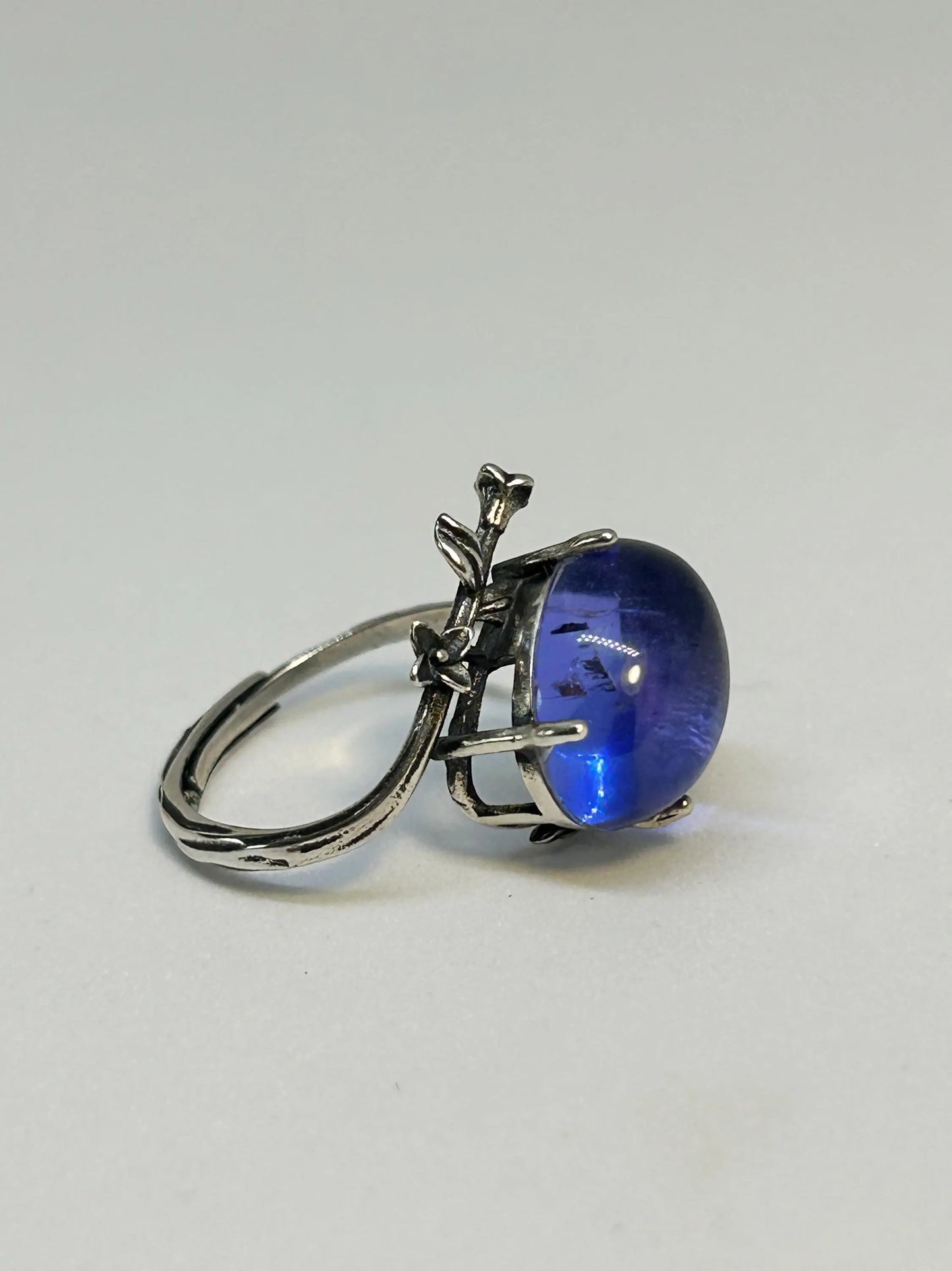 Blue Fluorite Ring with Nature Inspired Floral Design • 925 Sterling Silver • Adjustable • Gift Box Celtic Dragon Jewellery