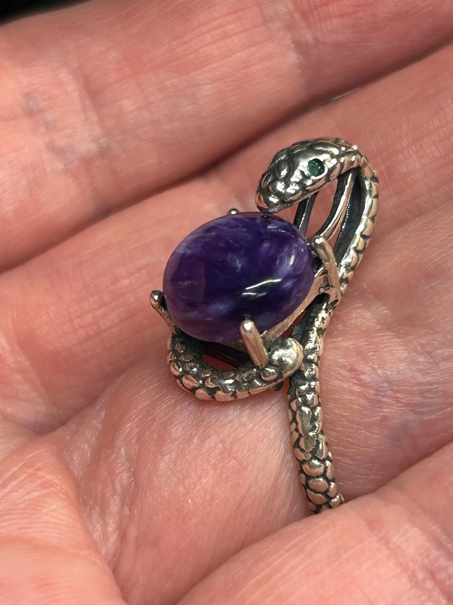925 Silver Snake Ring with Charoite - Adjustable Serpent Jewellery with CZ Eyes - Gift Boxed Celtic Dragon Jewellery