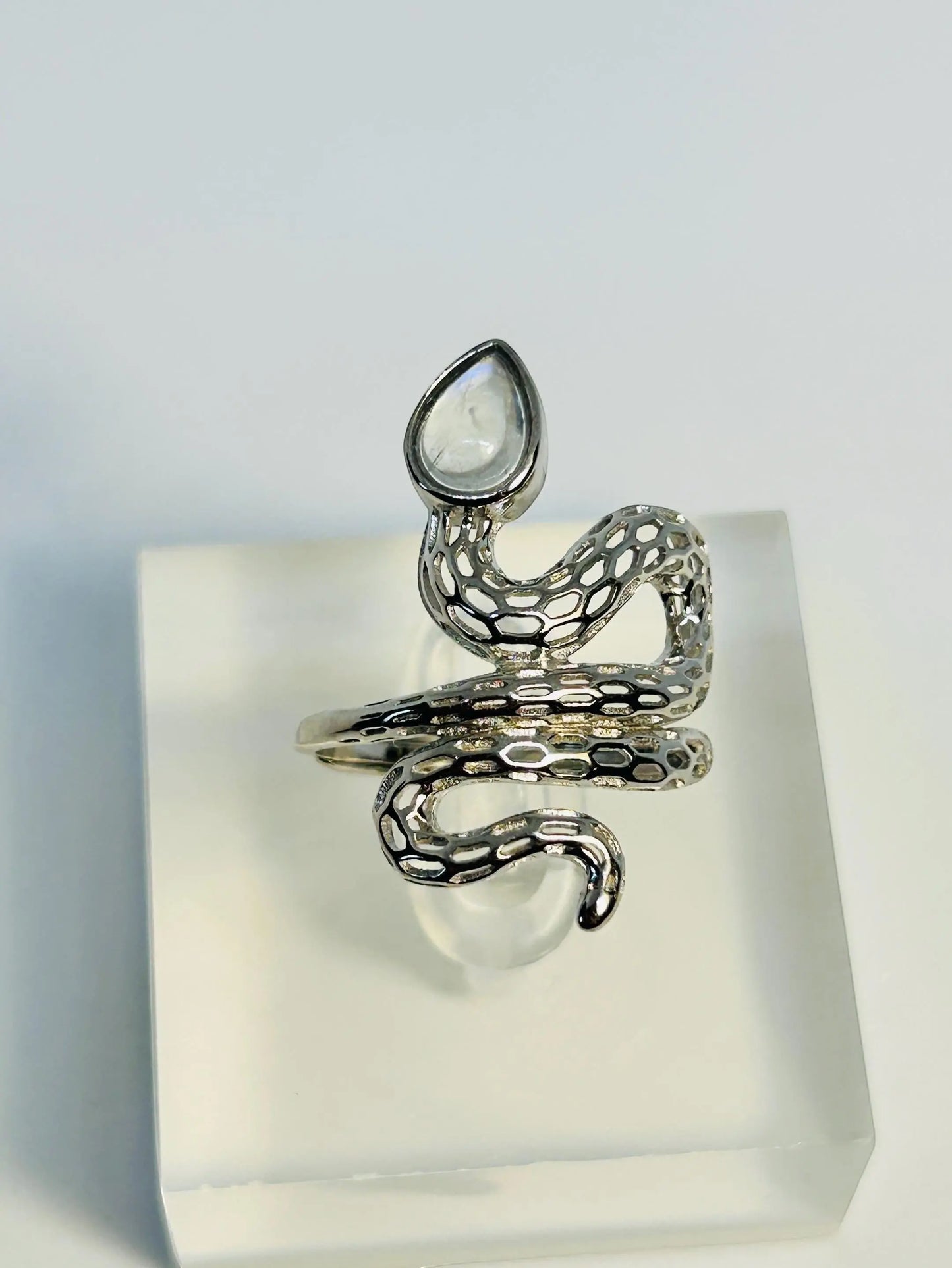 Celtic Dragon Jewellery sterling silver adjustable snake ring with teardrop moonstone gemstone.