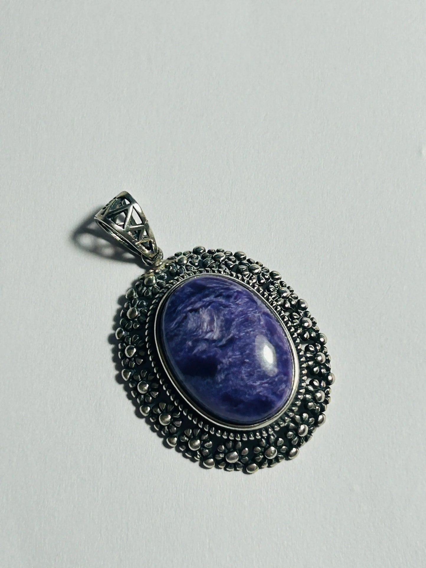 Large Floral Pendant with Charoite Gemstone • 925 Sterling Silver • Gift Box Celtic Dragon Jewellery