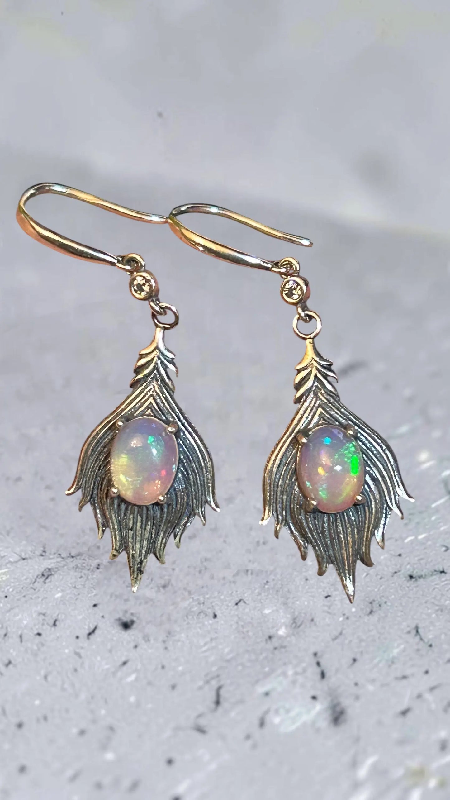 Feather Earrings with Opal Gemstones • 925 Sterling Silver • Gift Box Celtic Dragon Jewellery