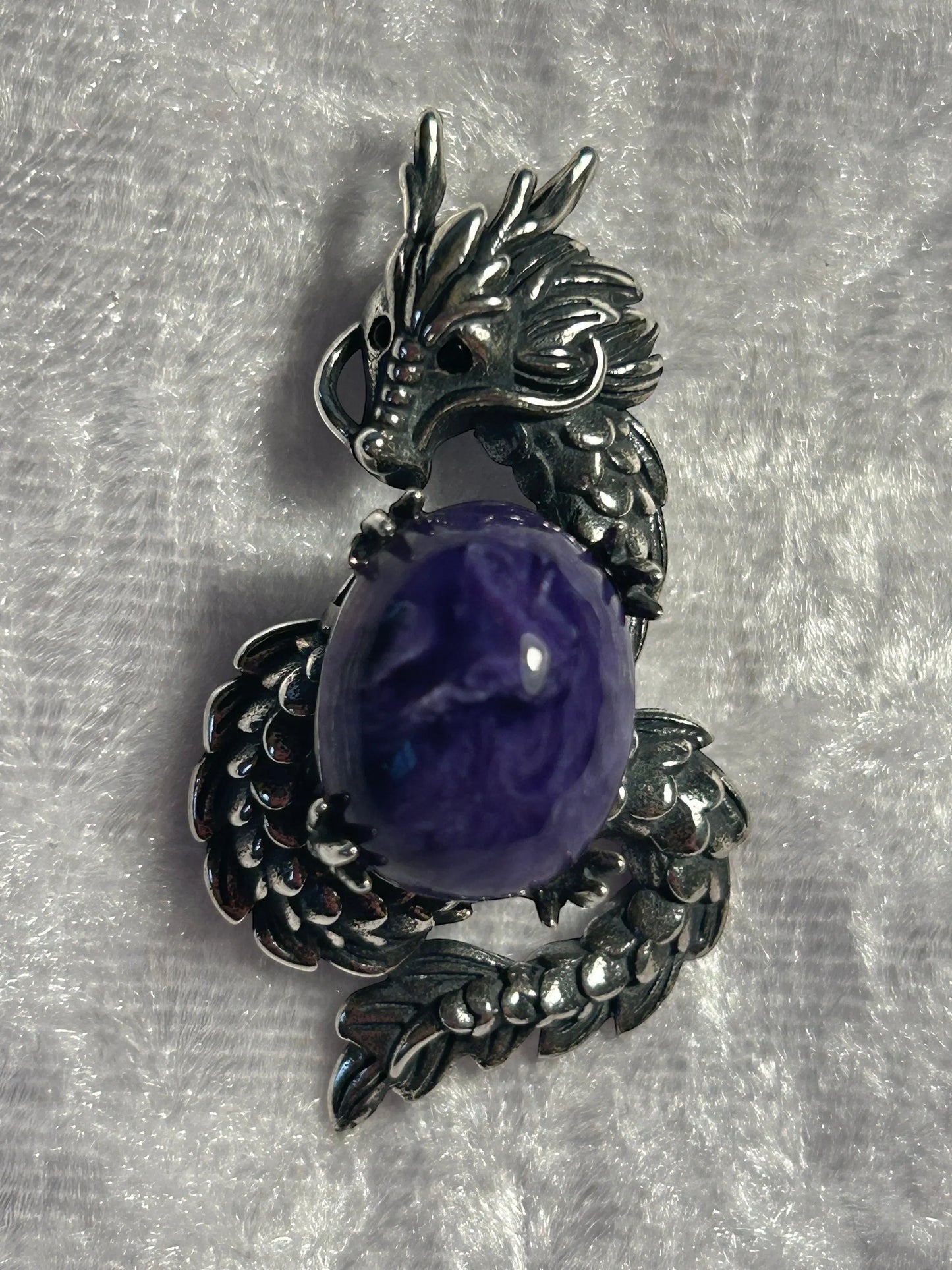Dragon Pendant with Charoite Gemstone • 925 Sterling Silver • Gift Box Celtic Dragon Jewellery