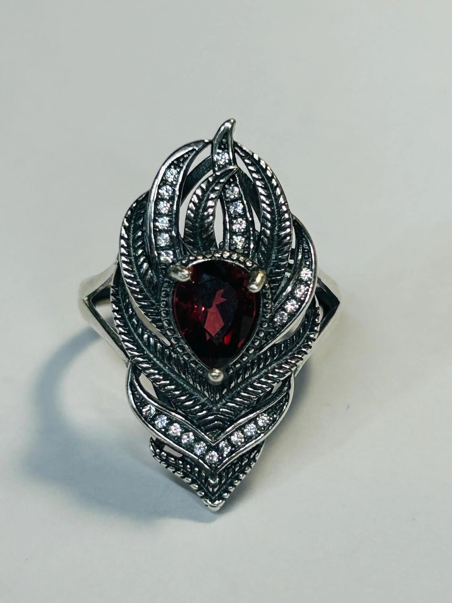 925 Silver Feather Ring • Peacock Feather with Garnet Gemstone • CZ Accents • Adjustable • Giftbox Celtic Dragon Jewellery