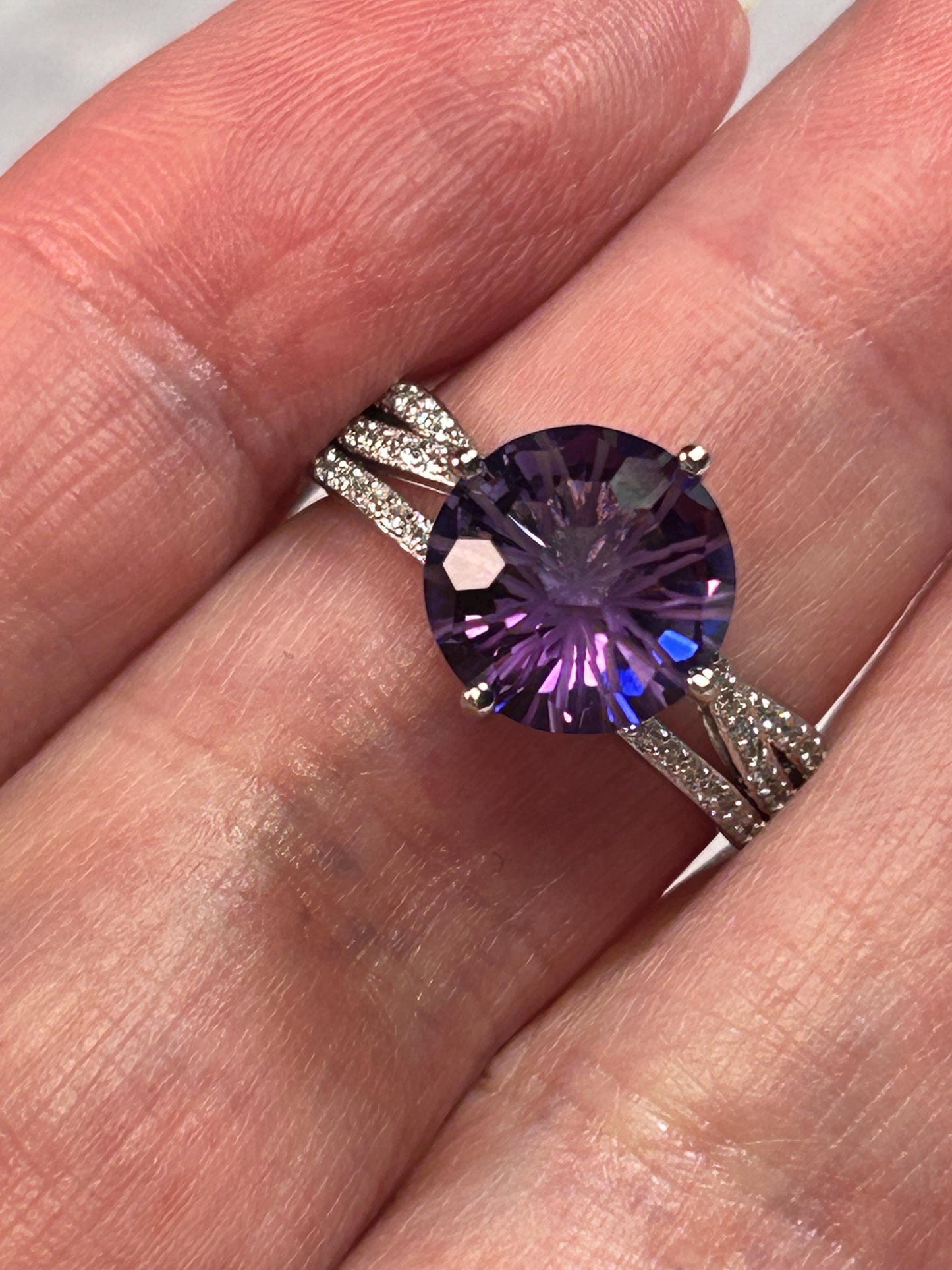 Chunky Amethyst Ring • Large Solitaire • CZ Triple Band • 925 Sterling Silver • Adjustable • Gift Box