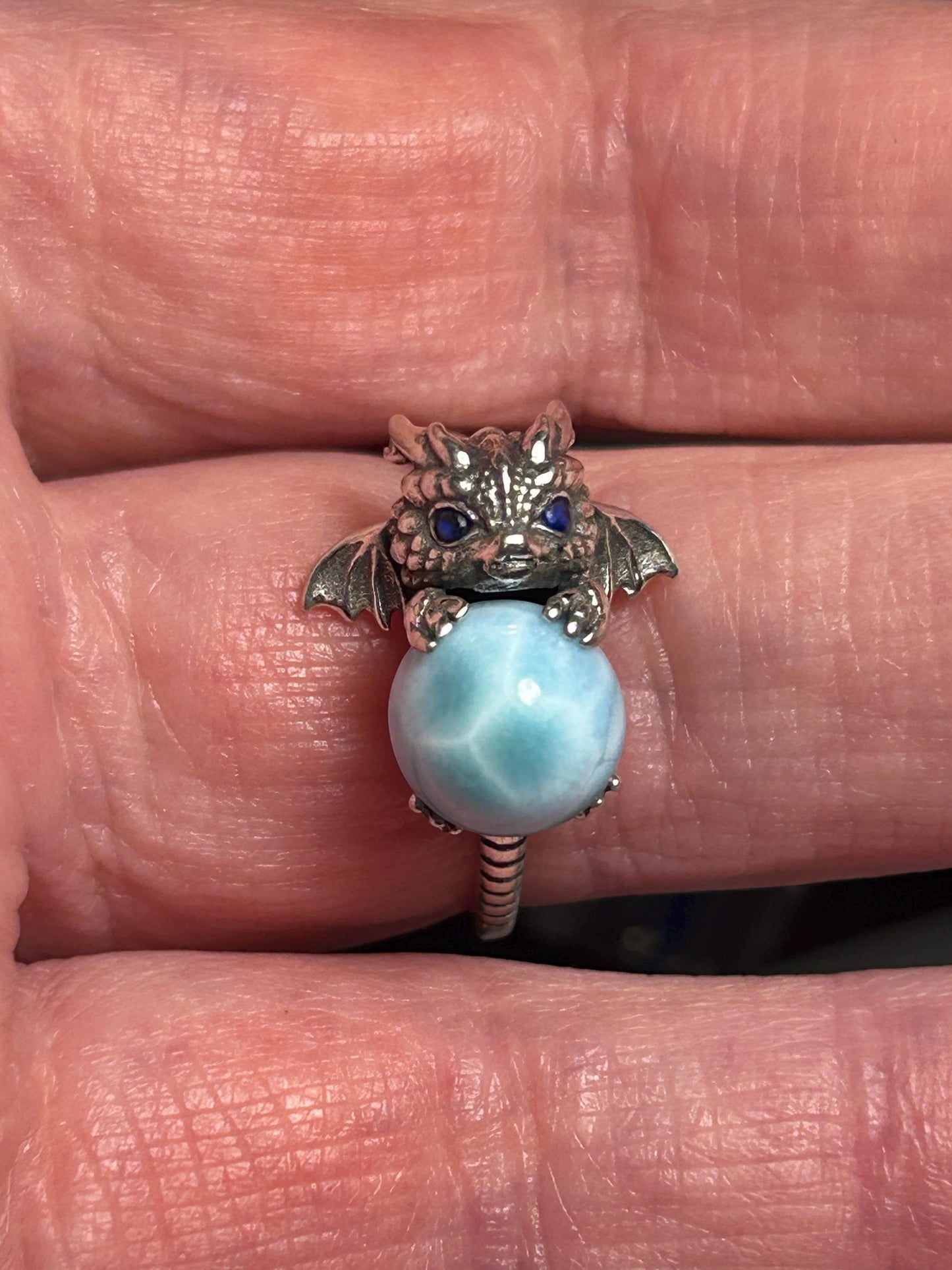 Baby Dragon Ring with Larimar Gemstone • 925 Sterling Silver • Adjustable • Gift box