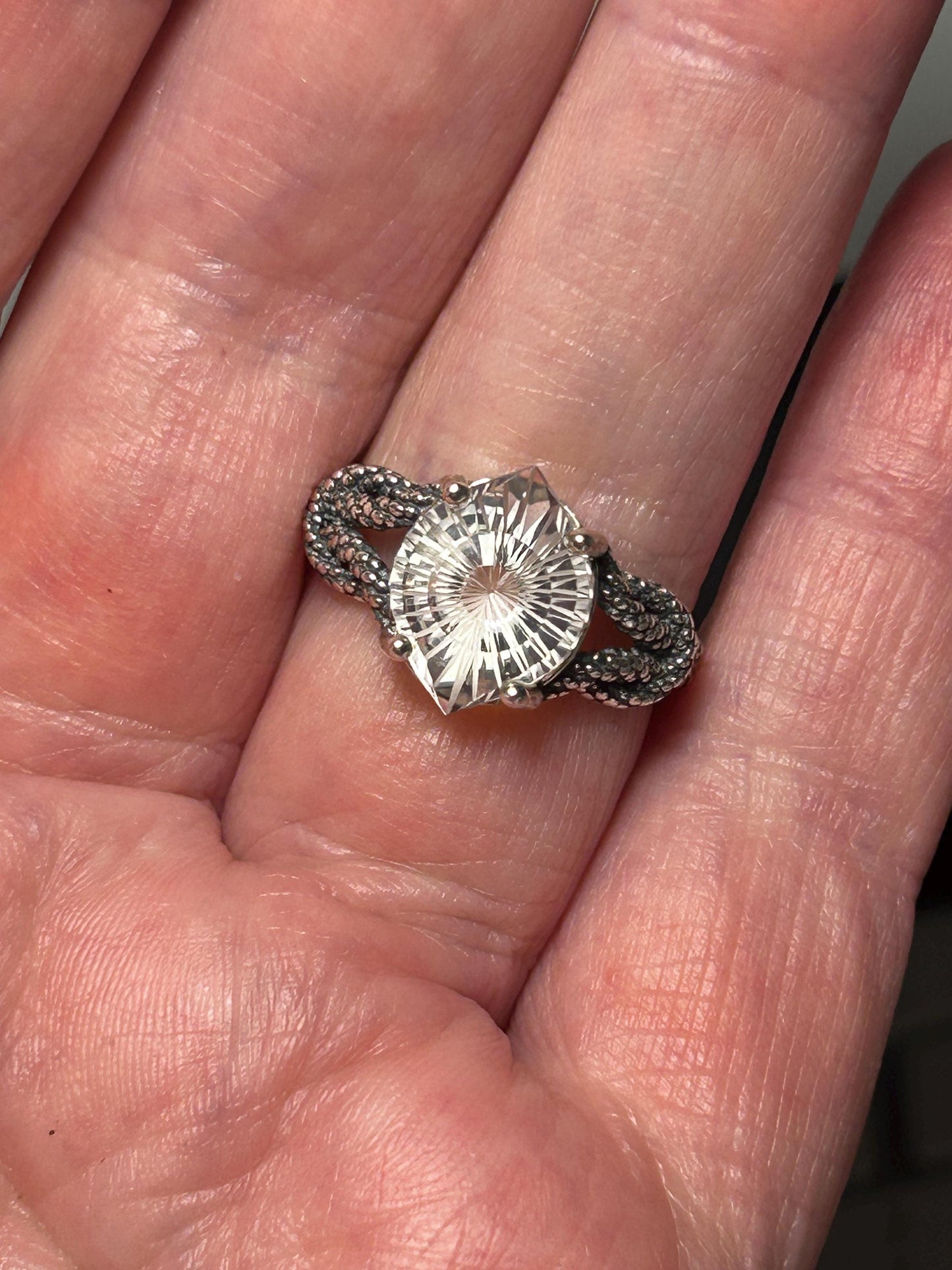 Sterling Silver Ring With Clear Quartz Gemstone - Rope Design - 925 - Adjustable - Gift Boxed