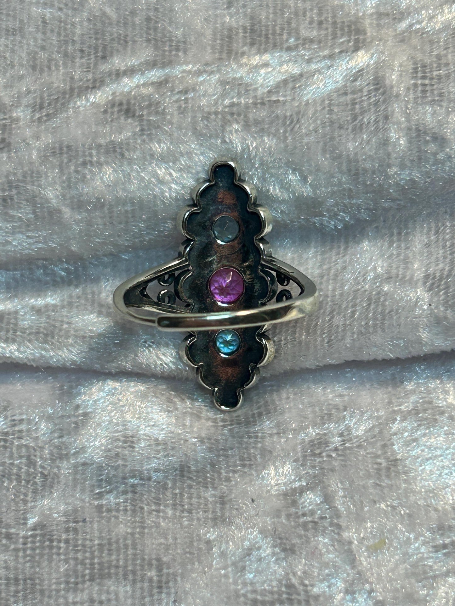 Ornate Triple Gemstone Ring with Topaz • 925 Sterling Silver • Adjustable • Gift Box