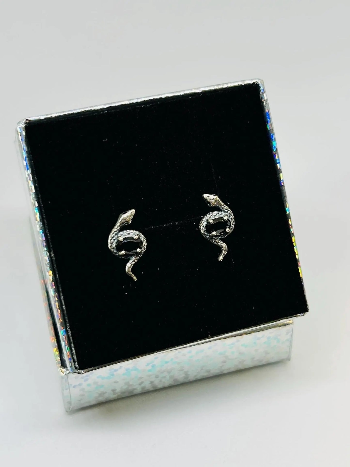 Snake Stud Earrings with Black Spinel Gemstone • 925 Sterling Silver • Gift Box Celtic Dragon Jewellery
