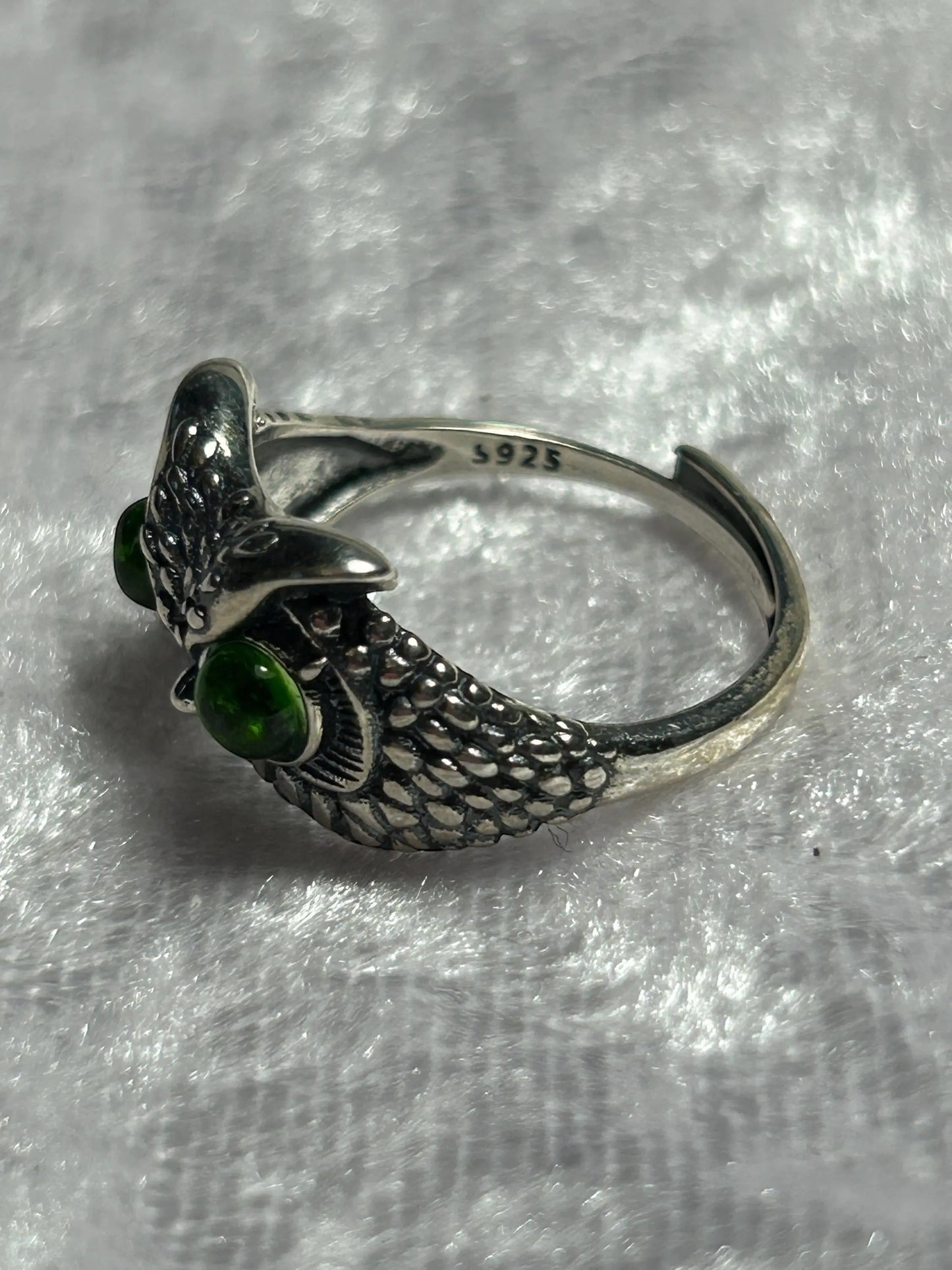 Chunky Owl Ring with Green Diopside Gemstones • 925 Sterling Silver • Adjustable • Gift Box Celtic Dragon Jewellery