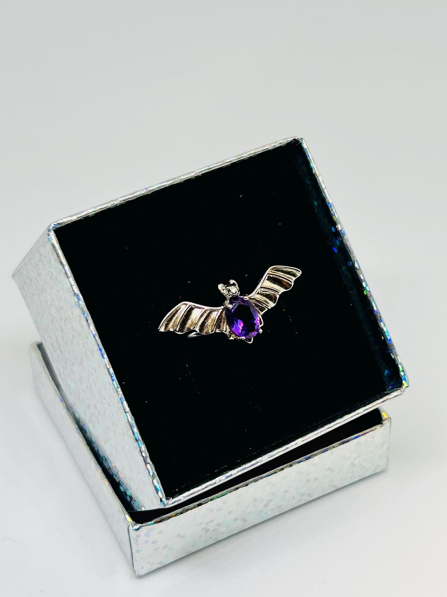 Gothic Bat Ring with Amethyst Gemstone • 925 Sterling Silver • Adjustable • Gift Box