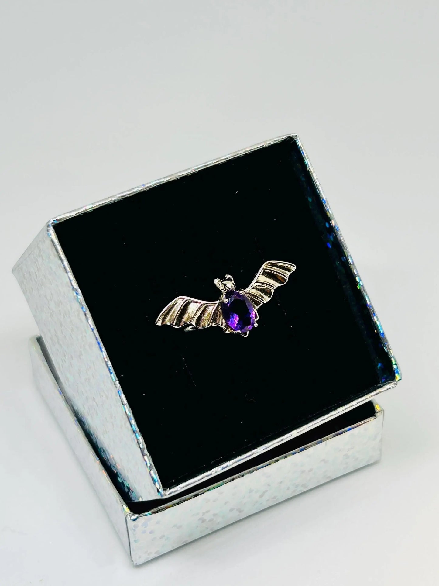 Gothic Bat Ring with Amethyst Gemstone • 925 Sterling Silver • Adjustable • Gift Box Celtic Dragon Jewellery