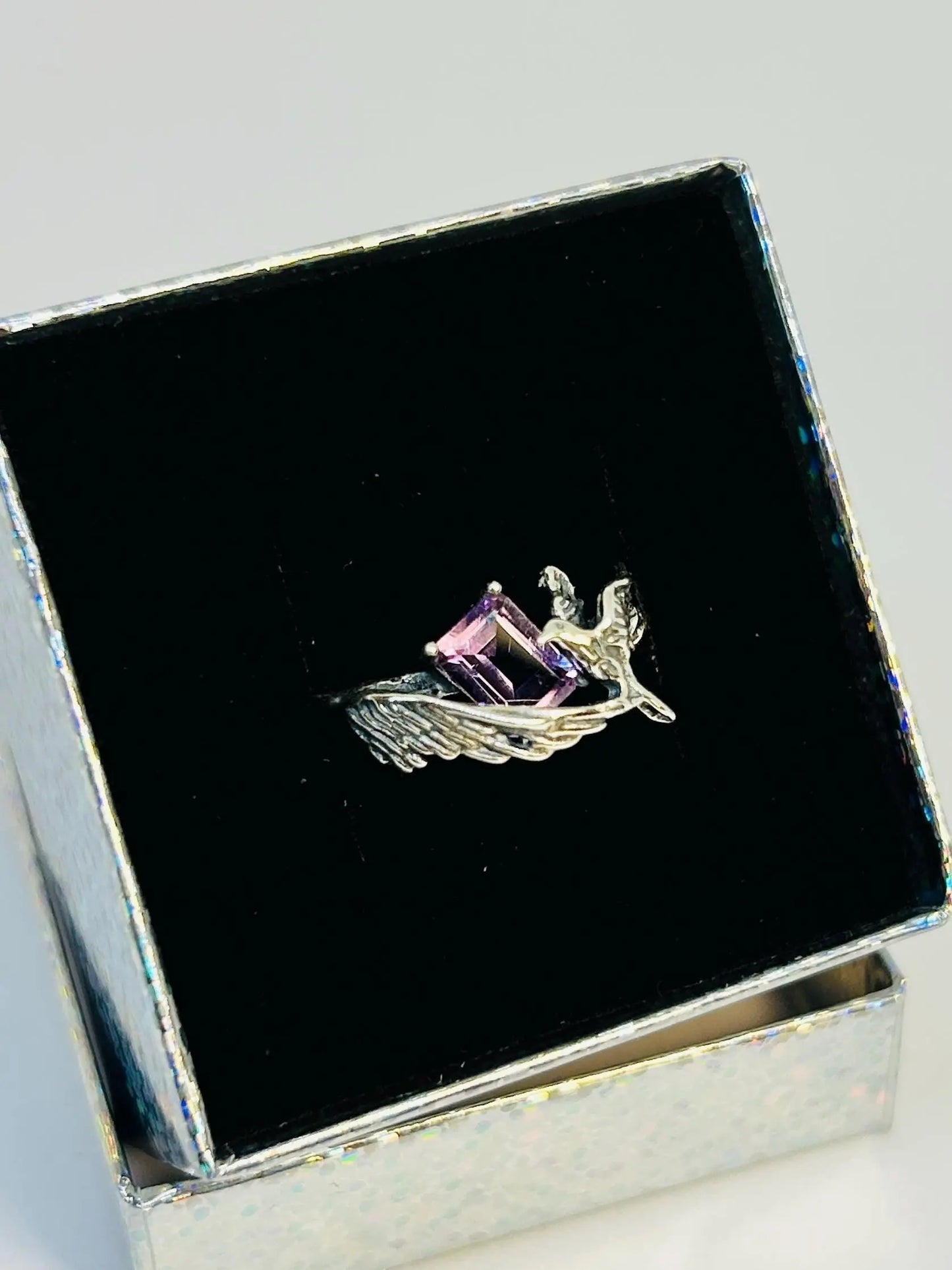 Pretty Bird Ring with Amethyst Gemstone • 925 Sterling Silver • Adjustable • Gift Box Celtic Dragon Jewellery