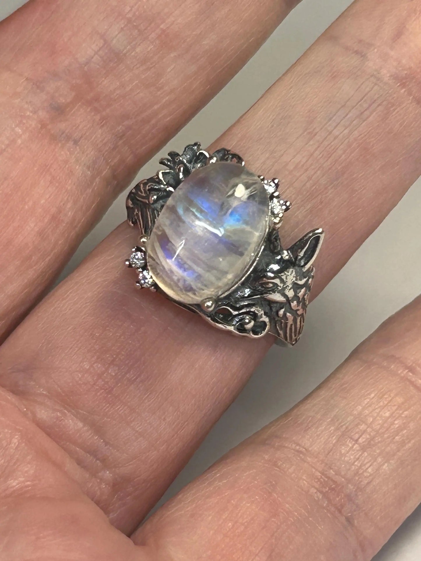 925 Silver Moonstone Ring • Fox Design • Adjustable • Giftbox Celtic Dragon Jewellery