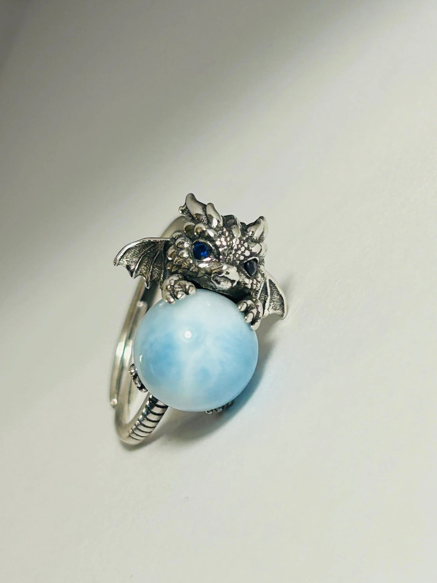 925 Silver Larimar Dragon Ring • Adjustable • Giftbox Celtic Dragon Jewellery