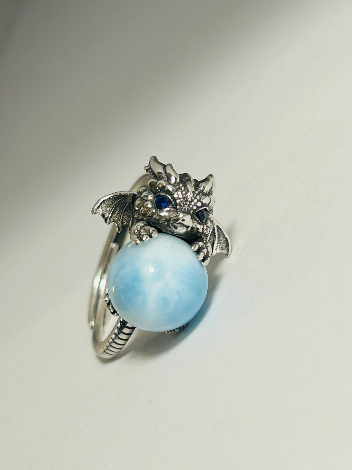 925 Silver Larimar Dragon Ring • Adjustable • Giftbox