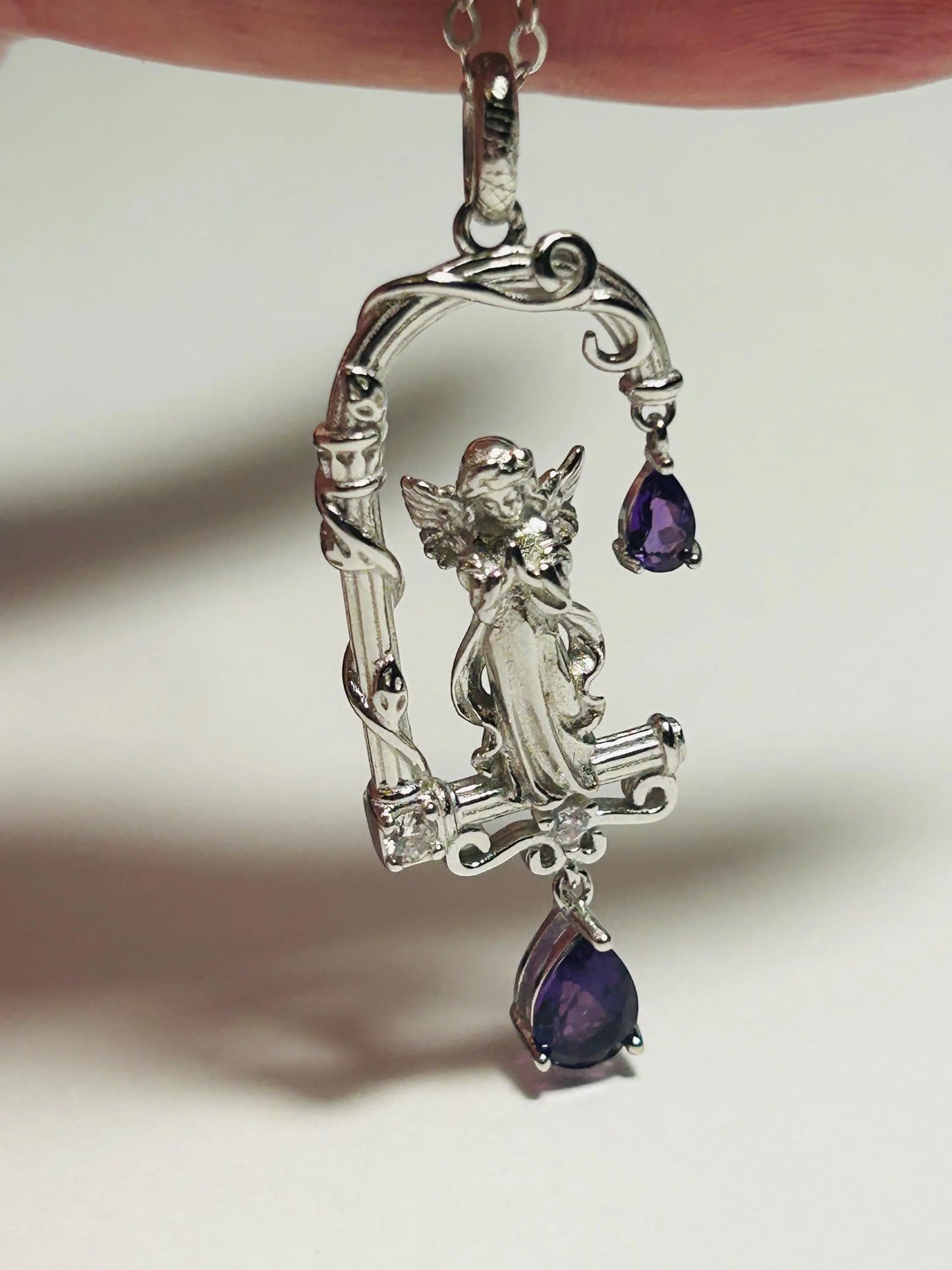Decorative Angel Pendant with Amethyst Gemstones • 925 Sterling Silver • Gift Box Celtic Dragon Jewellery