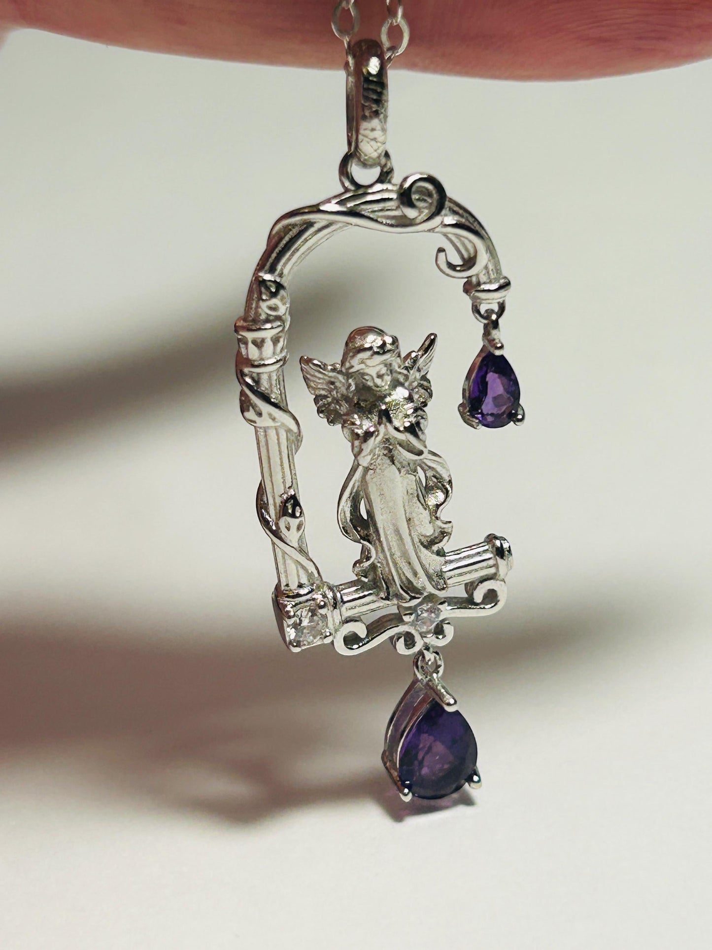 Decorative Angel Pendant with Amethyst Gemstones • 925 Sterling Silver • Gift Box