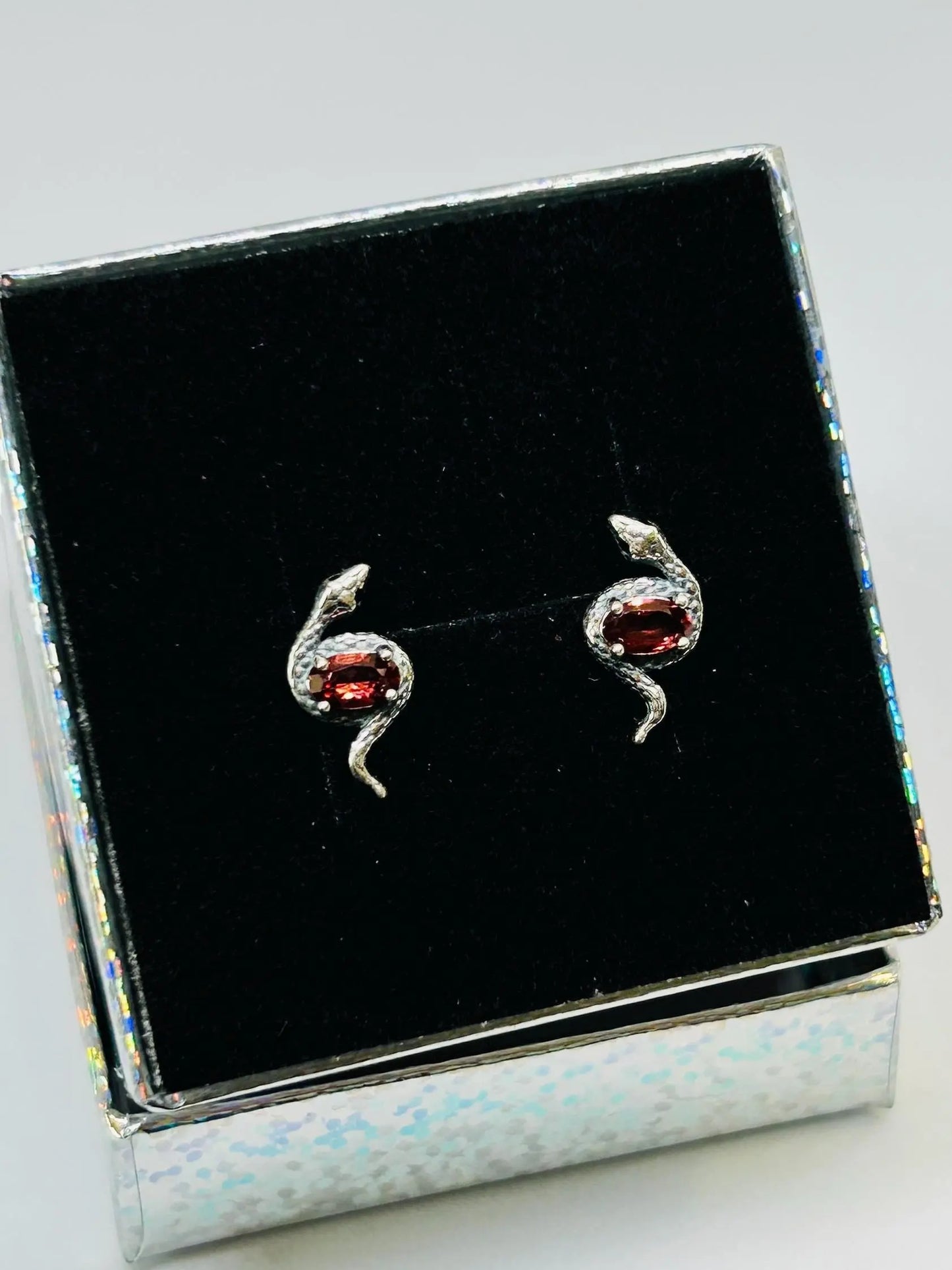 Snake Stud Earrings with Faceted Garnet Gemstones • 925 Sterling Silver • Gift Box Celtic Dragon Jewellery